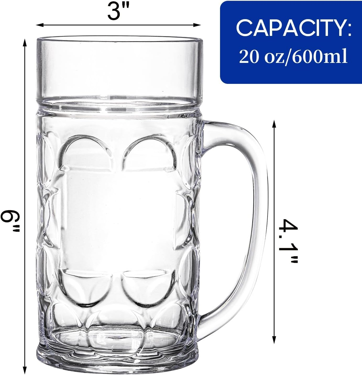 Mezchi 6 Pack Plastic Beer Mugs, 20 Oz./600Ml Beer Steins with Handles, Resuable Beer Drinking Cups, Clear Large Beer Mugs for Bar, Beverages, Alcohol, Freezable, BPA Free image number 5