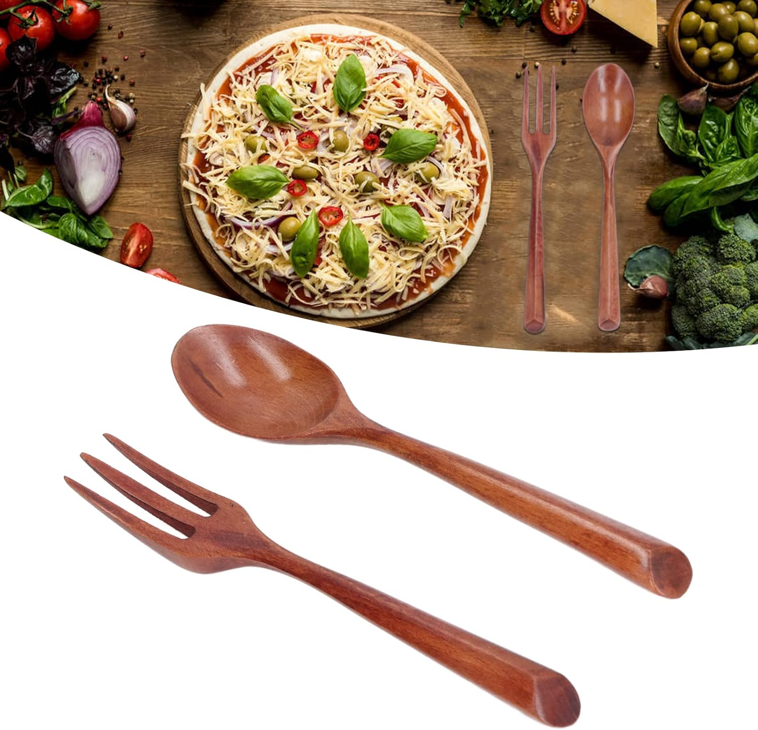 Baxnore 2PCS Wooden Fork Spoon Set, Heat Resistant Wooden Fork Spoon, Scratch Resistant Wooden Flatware, Wood Kitchen Utensil for Cooking