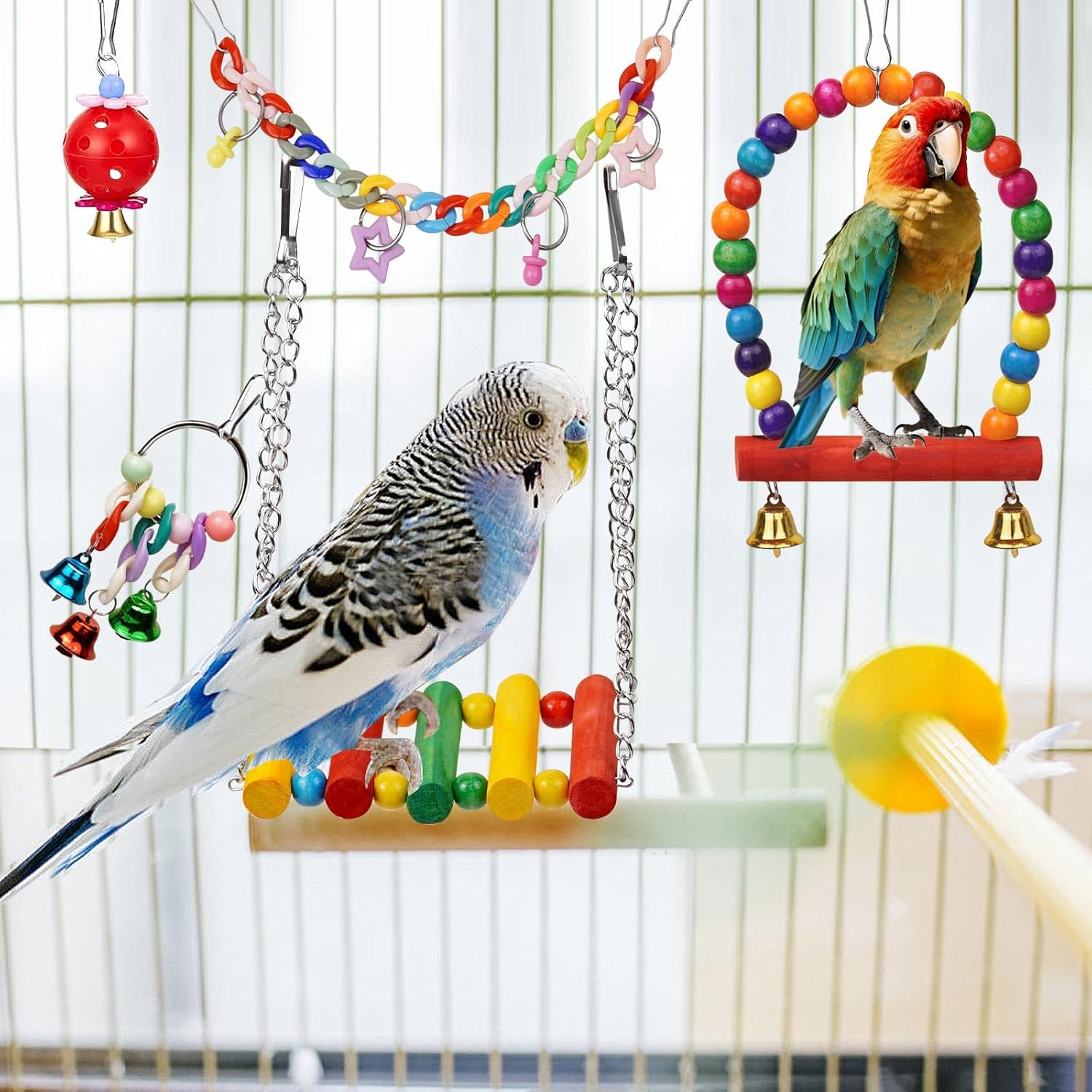 Bird Toys for Parrots, Colorful Budgie Toys Parrot Toys with Bird Perch, Swings, and Chews, Small Bird Cage Accessories for Conures, Parakeets, Lovebirds, Great for Daily Play or Gift (13 Pcs) image number 6