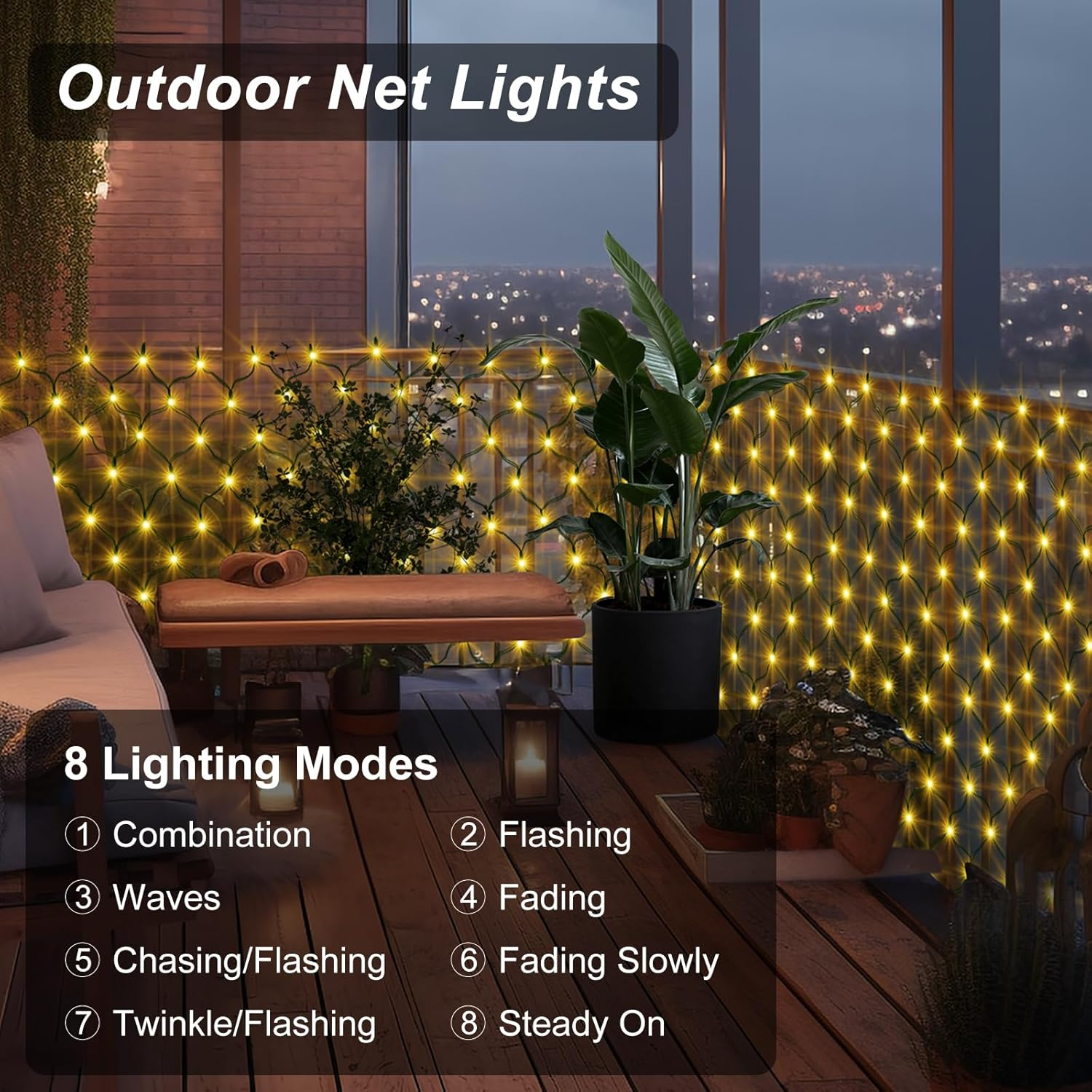Solar Net Lights Outdoor, 100 LED 5Ft X 5Ft Bush Net Light Outdoor Mesh Lights Auto On/Off 8 Modes for Tree Fence Backyard Bush Decor (Warm White) image number 1