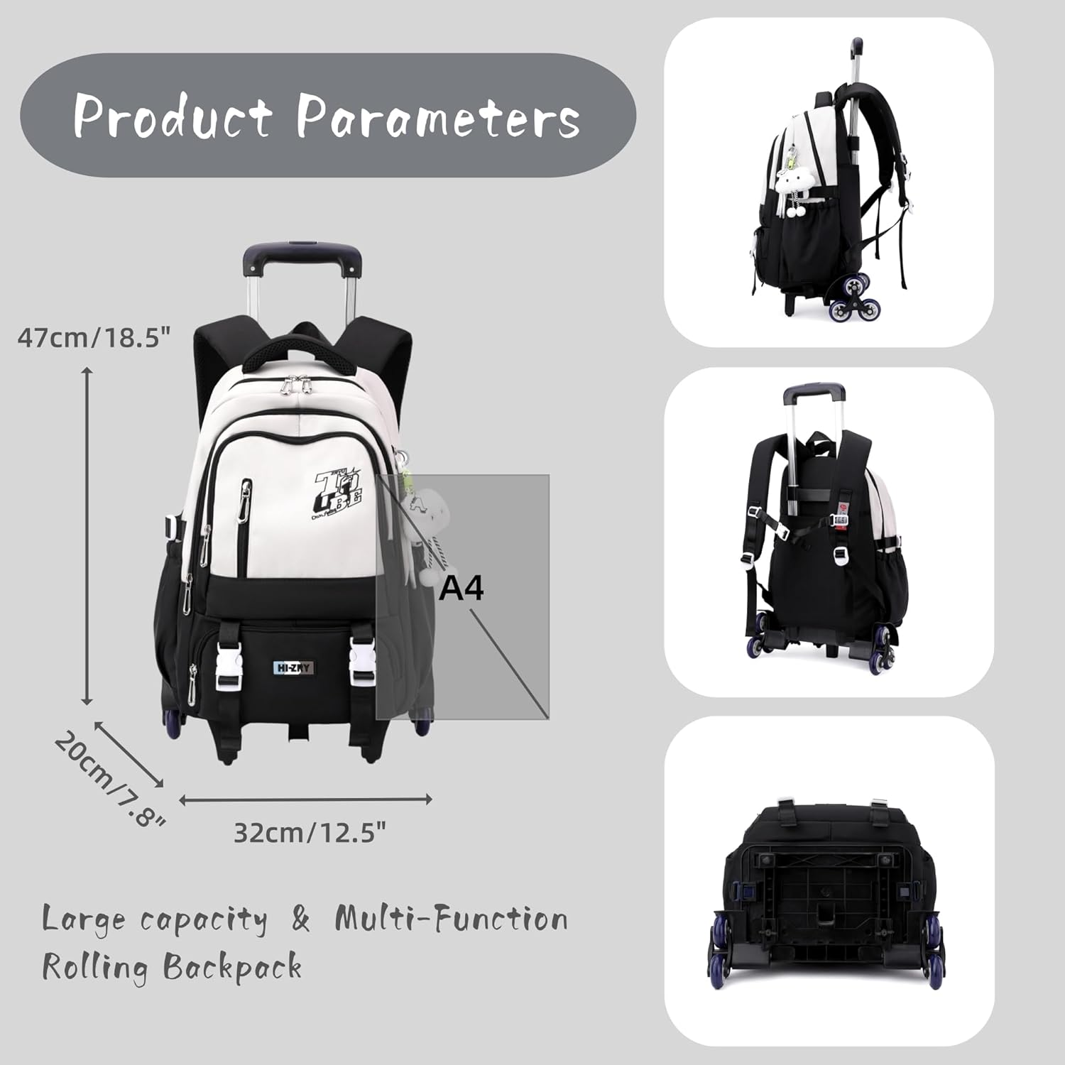 GRUOTEIS Kids Rolling Backpack for Teen Girls Boys School Bag Backpack with Wheels image number 6