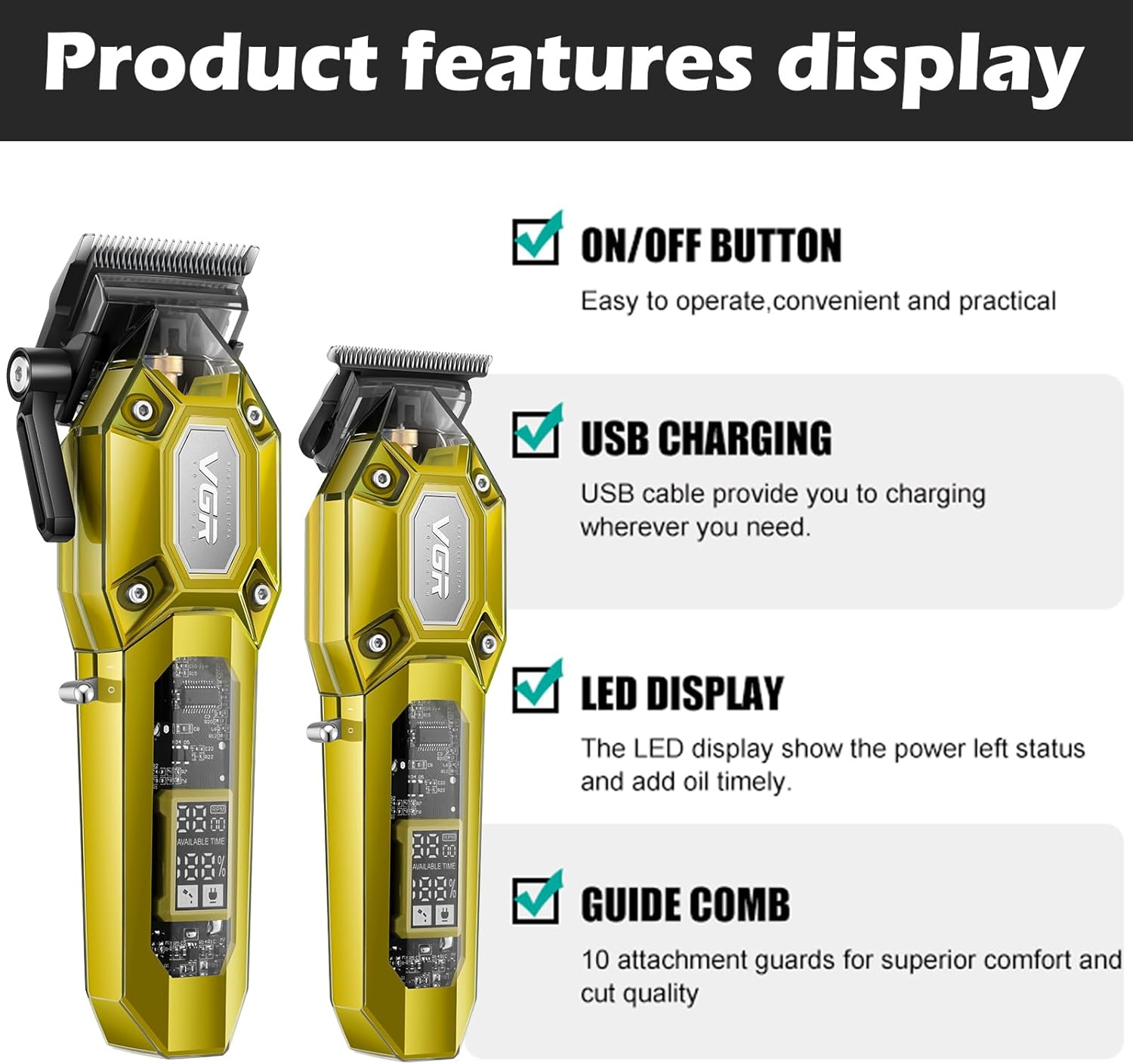 VGR Professional Hair Clippers for Men, Cordless Barber Clippers and Trimmers Set, Mens Hair Cutting Kit with 10 Guide Combs, USB Rechargeable Haircut Machine for Family, LED Display, Gold - Green image number 5