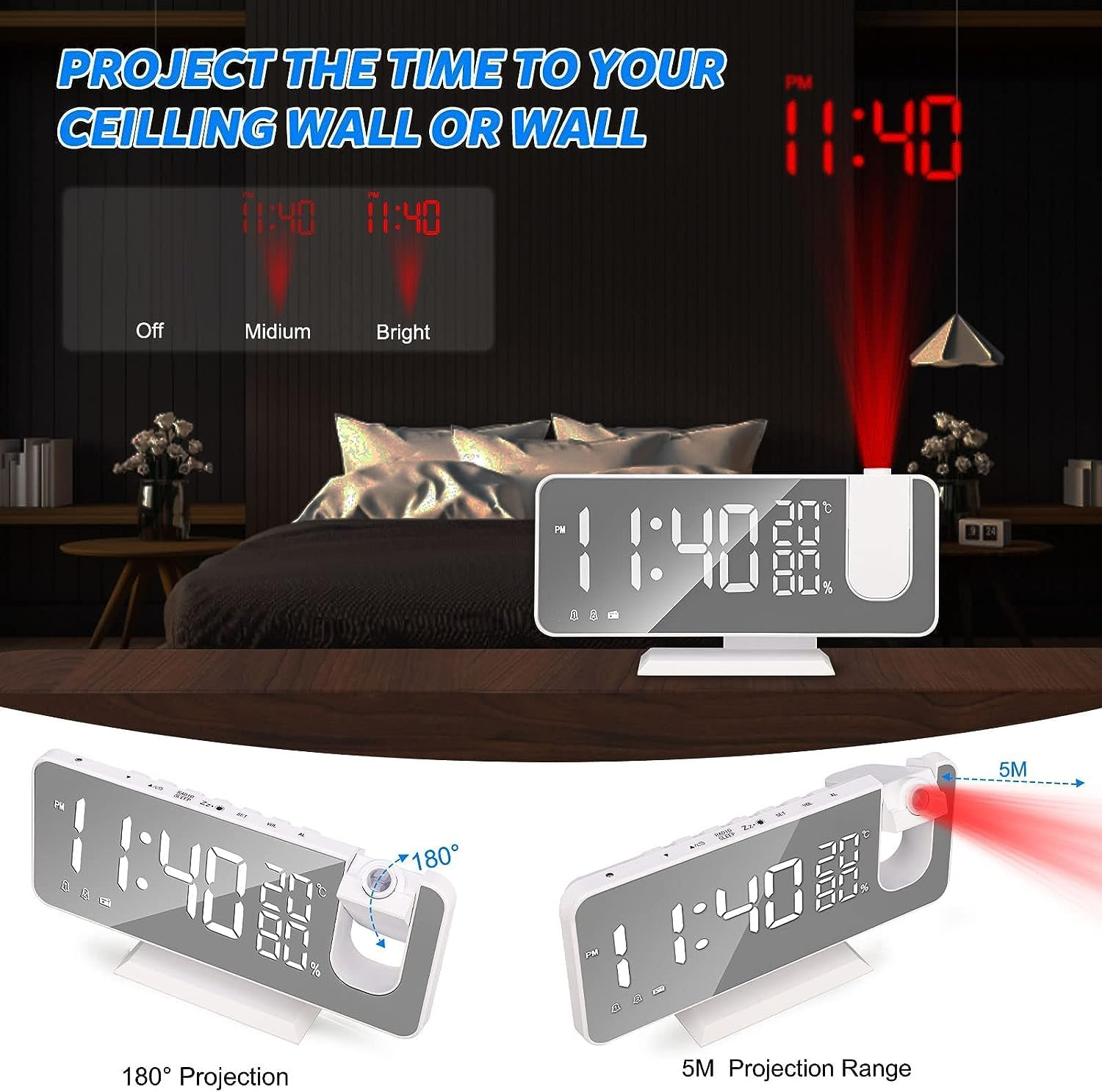 Projection Digital Alarm Clock for Bedroom, Beedove FM Radio Alarm Clock, Dual Alarm Clock with 3 Dimmer,Snooze,Timer,180&deg;Rotatable Ceiling Projection Alarm Clock for Home Decor, Desk, Office, White - White image number 5
