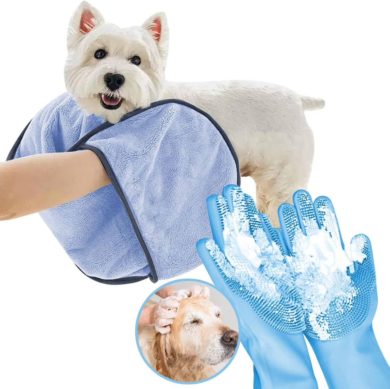 KUEIOX Dog Washing Gloves - Quick Drying Dog Towel,Cat Bath Grooming Gloves Brush with High-Density Teeth for Bathing Massaging，Absorbent Pet Bath Towel 30.3"X13.8" with Hand Pocket for Dog Cat (Blue)