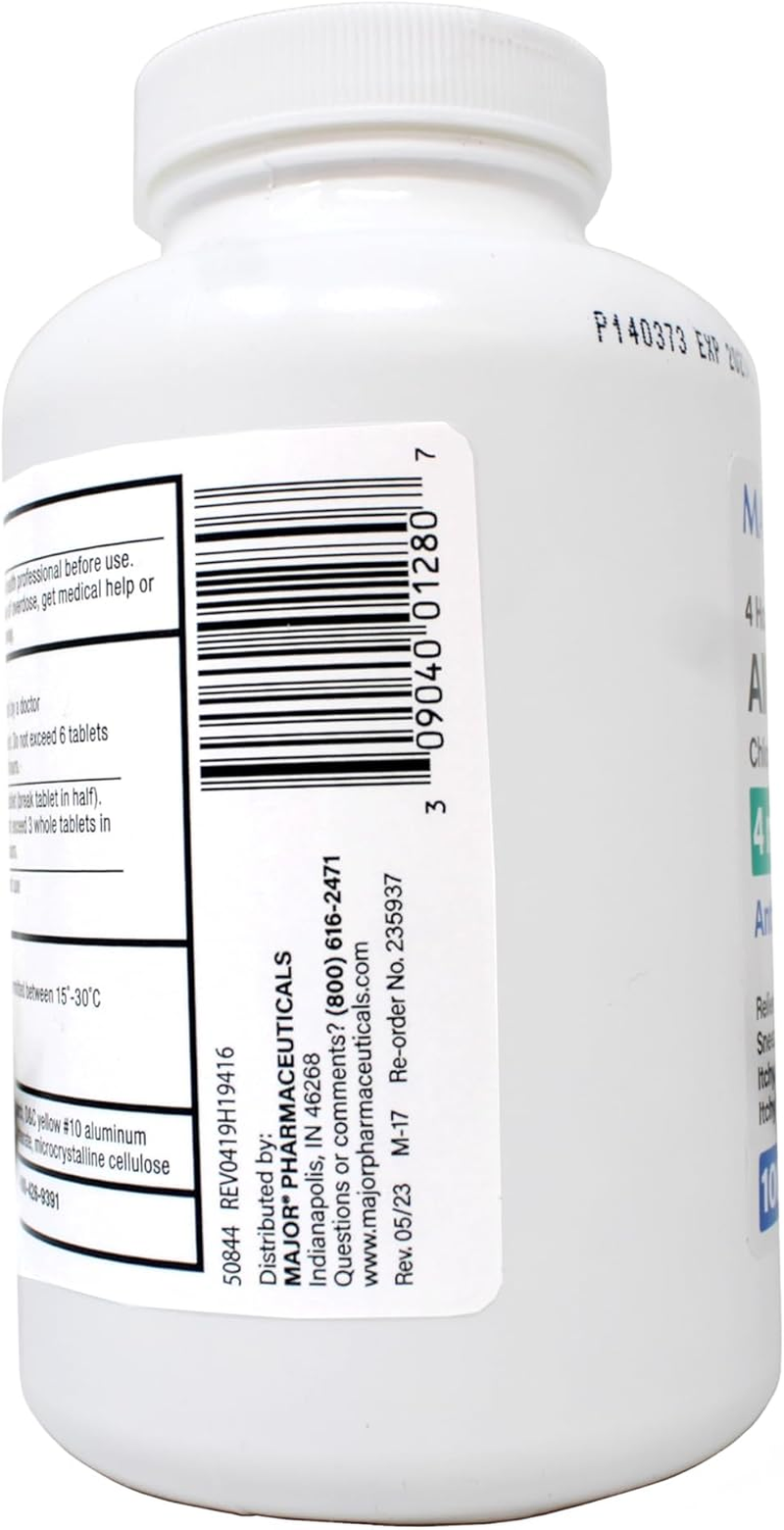 CHLORPHENIRAMINE 4MG TAB CHLORPHENIRAMINE MALEATE-4 MG Yellow 1000 TABLETS UPC 309040012807