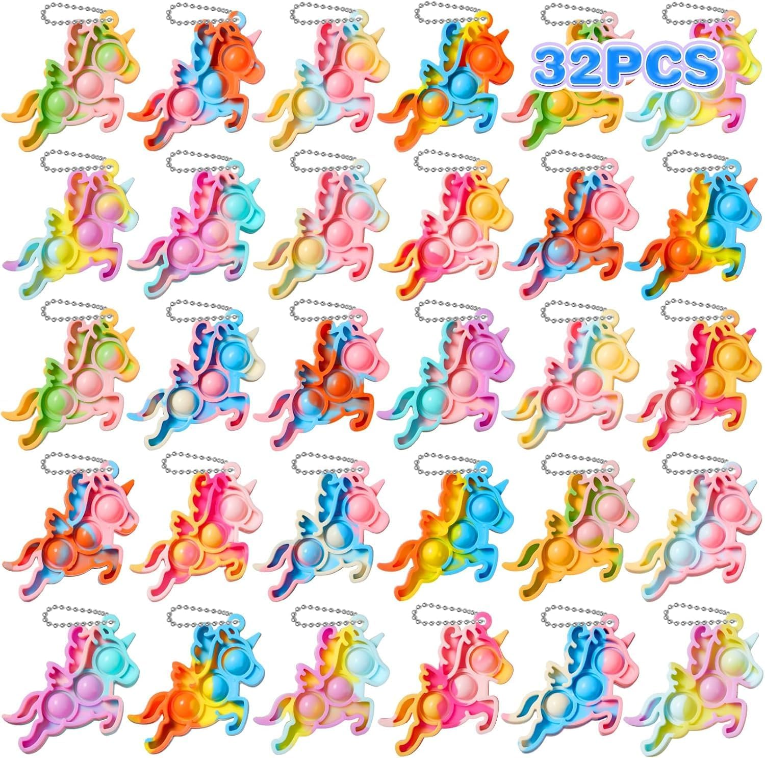 FIDWOD Unicorn Party Favors for Kids: Mini Pop Keychain Toys Pack - Stress Relief Classroom Supplies Prizes - Bubble Sensory Bulk Gifts for Boys & Girls - Birthday Bags Box Goodie Stuffers （32PCS）