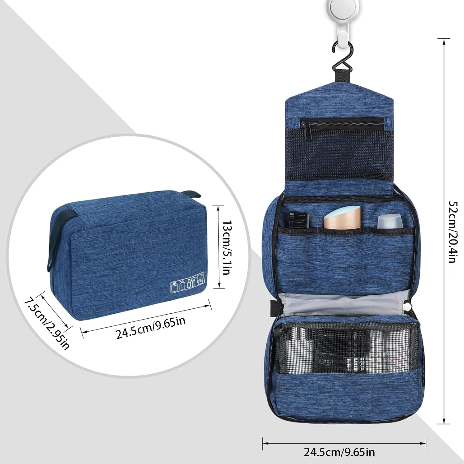 Hanging Toiletry Bag with Handles Portable Wash Bag for Camping and Outdoor Wash Organiser + 2 Drawstring Pouches | Dry/Wet Separation Blue