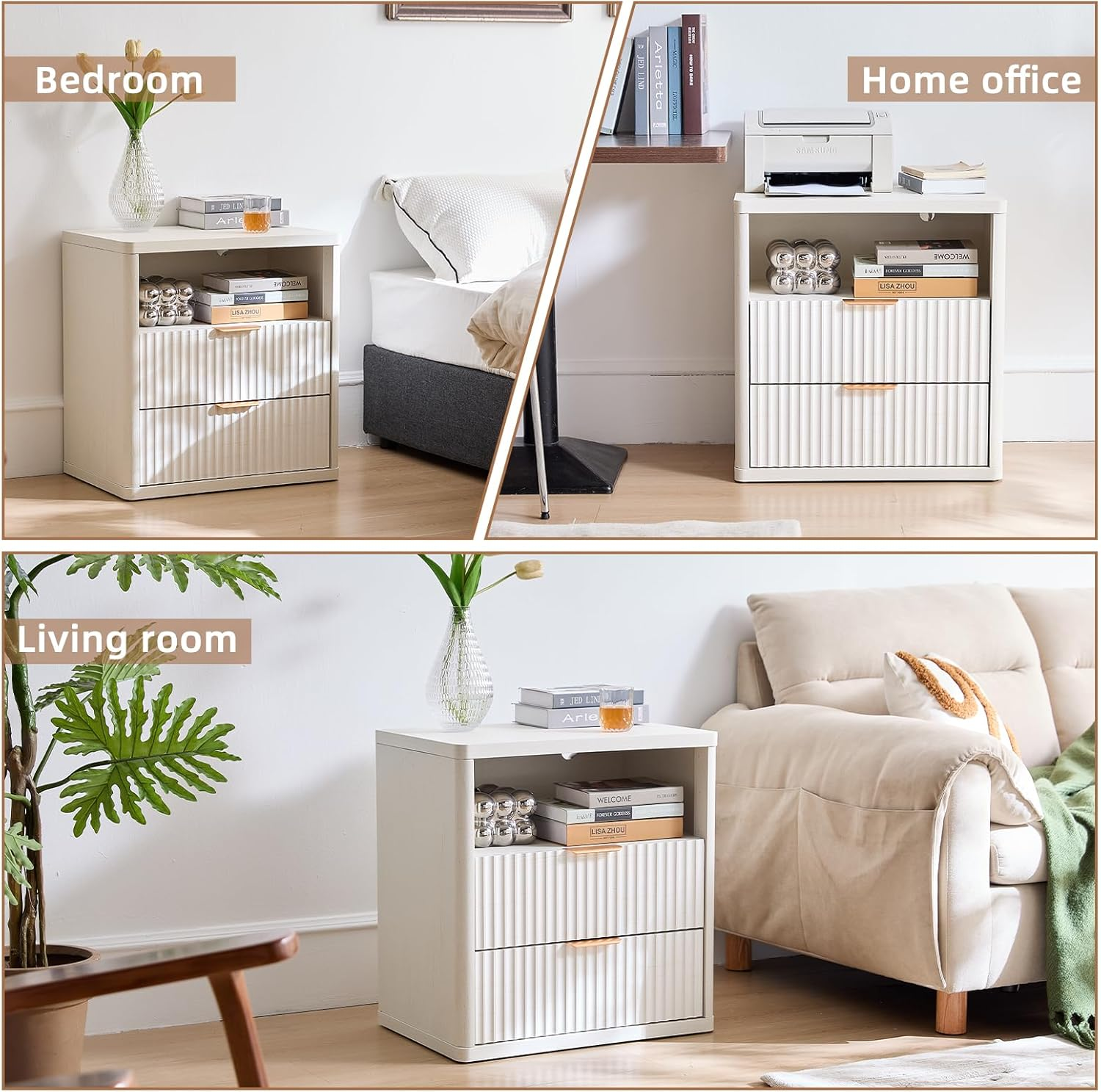 LELELINKY 58 X 39 Cm Fluted Bedside Table with 2 Drawers,Modern White Bed Side Tables Storage Chest of Drawers with Open Shelf,Wood Nightstand Cabinet with Metal Handles for Bedroom,Living Room