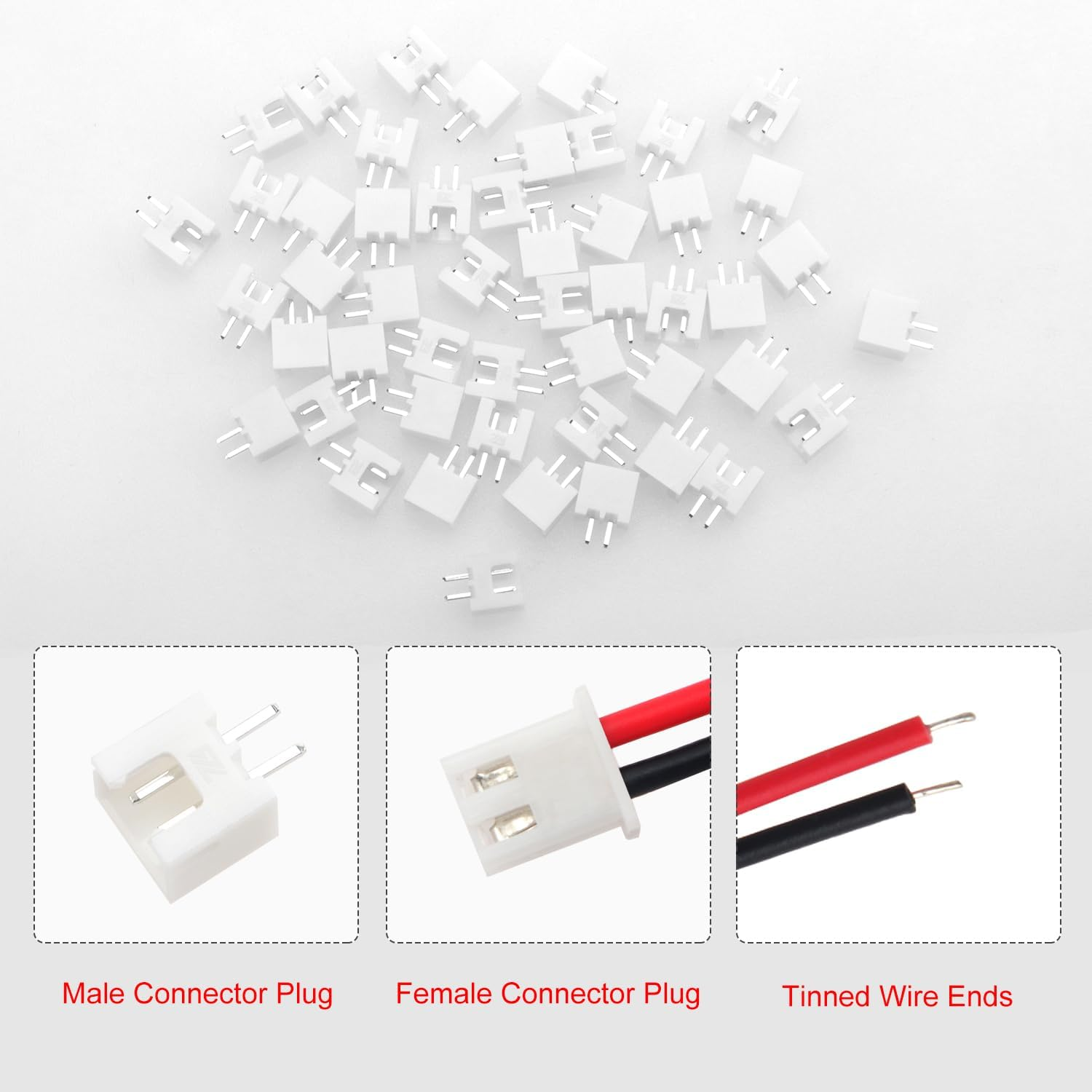 Lyeteung 50 Sets JST 2.54 XH 2 Pin Connectors, Mini Micro JST 2.54 Mm 2-Pin Male with 150 Mm 22AWG Cable & Female (Black Red)