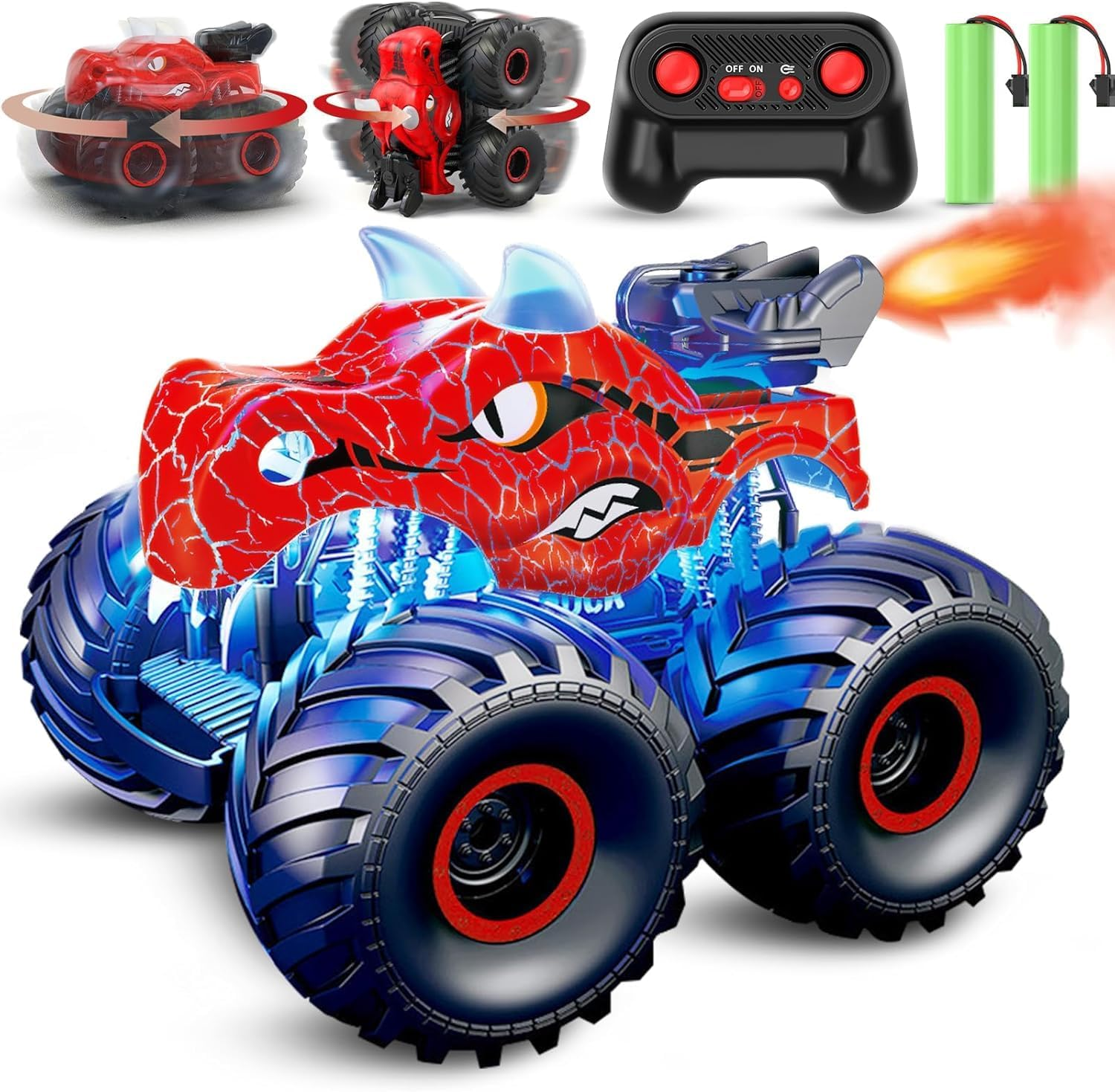 Remote Control Dinosaur Car, 2.4Ghz RC Monster Trucks for Boys with Spray, Light & Sound, All Terrain RC Cars with 2 Batteries, Dinosaur Toys for Kids 3 4 5 6 7 8, Christmas Birthday Gift (Red) image number 5