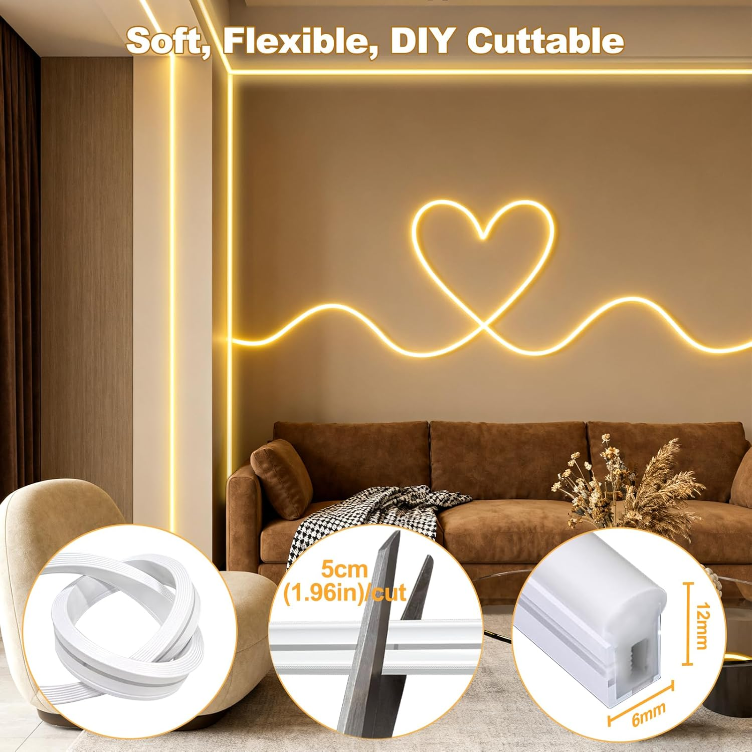 Langplus+ LED Neon Strip Lights 10M Dimmable 1200 Leds Warm White 2700K 24V LED Neon Rope Light IP65 Waterproof Silicone Flexible Neon Light Strips for Bedroom Kitchen Bar Outdoor Indoor Decor image number 2