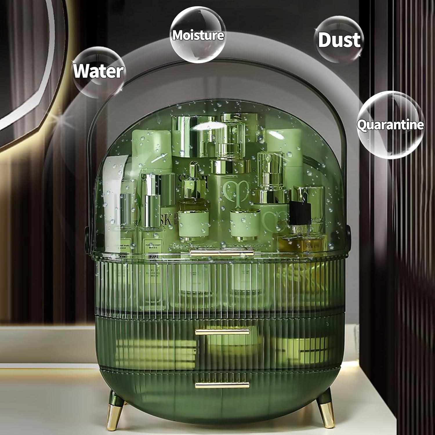 Makeup Organiser Storage Box, Cosmetics Display Case with Cover, Dust Proof Waterproof Cosmetics Storage Box Suitable for Bathroom Countertop and Bedroom Vanity Dresser (Retro Green) image number 2