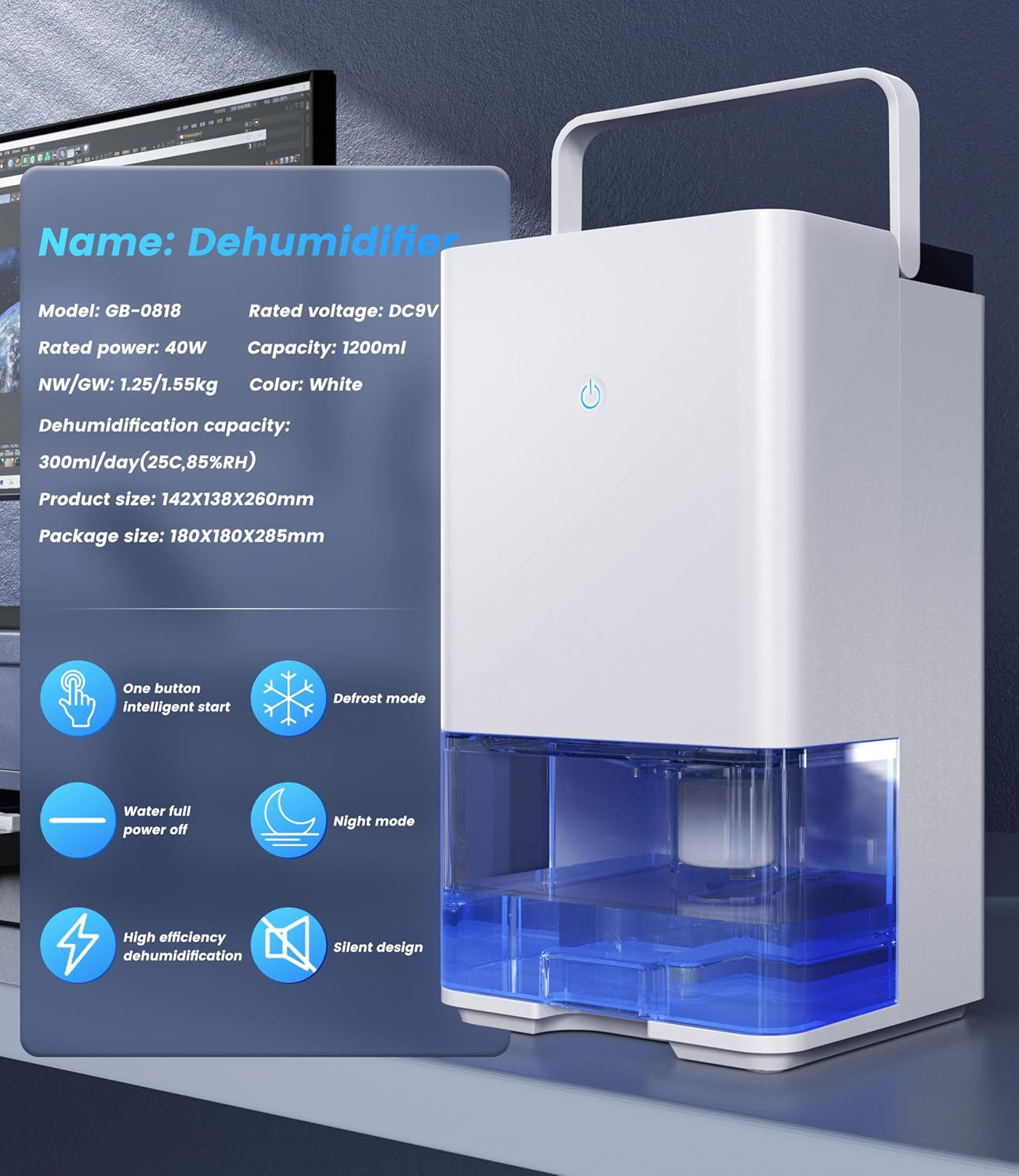 AUSELECT Electric Dehumidifier for Mold - 1200Ml Electric Dehumidifier with Ultra Quiet & Auto Shut off 7 Colorful LED, Portable Small Dehumidifiers for Bedroom, Bathroom, Wardrobe, Closet, Car, Home image number 3