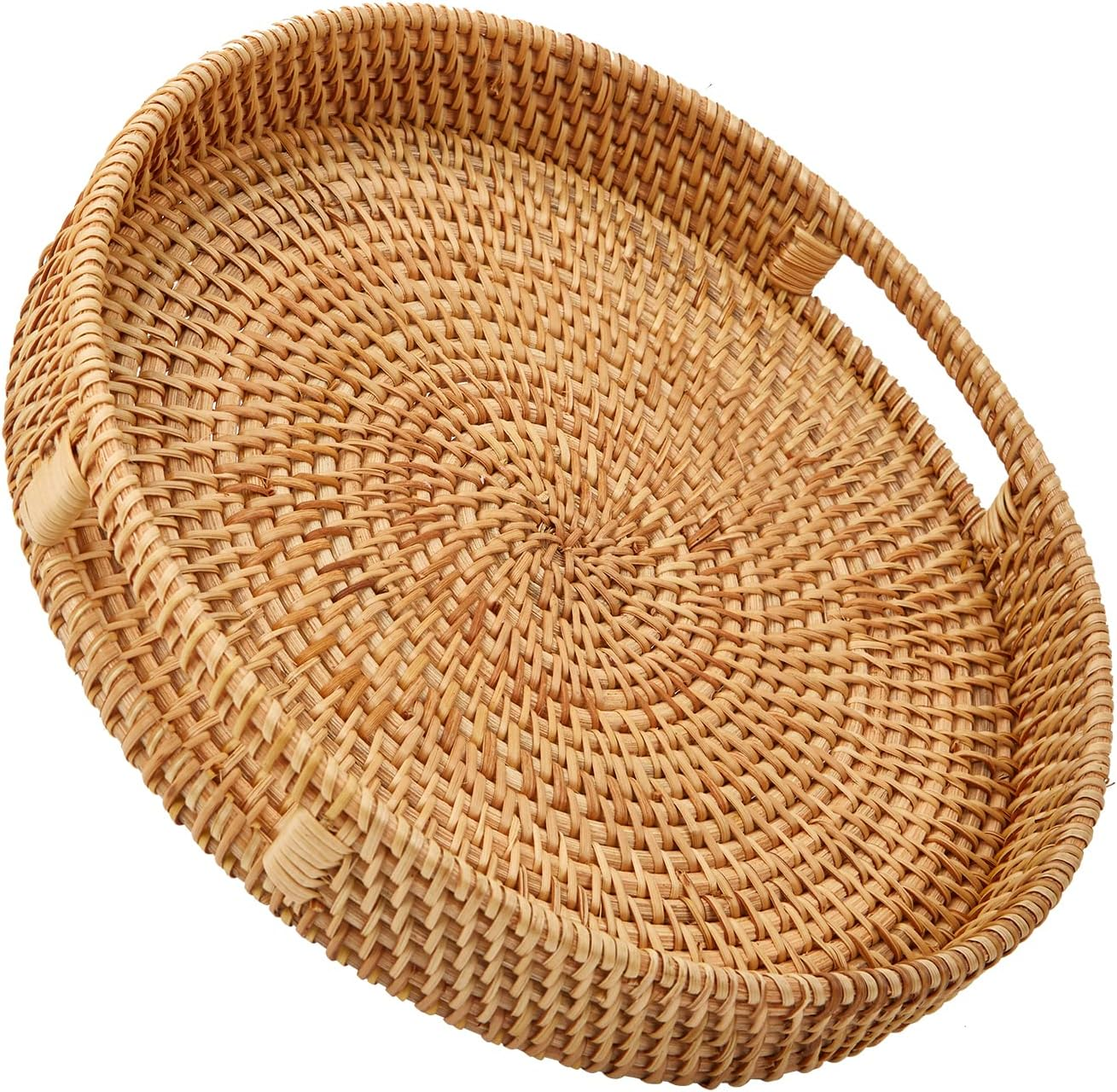 Whalehub round Rattan Serving Tray with Handles, Hand Woven Basket, Home Decor Organizer Tray for Breakfast, Tea, Snack, Fruit, Coffee,Storage (Large)(14.17Inchx2.3Inch)
