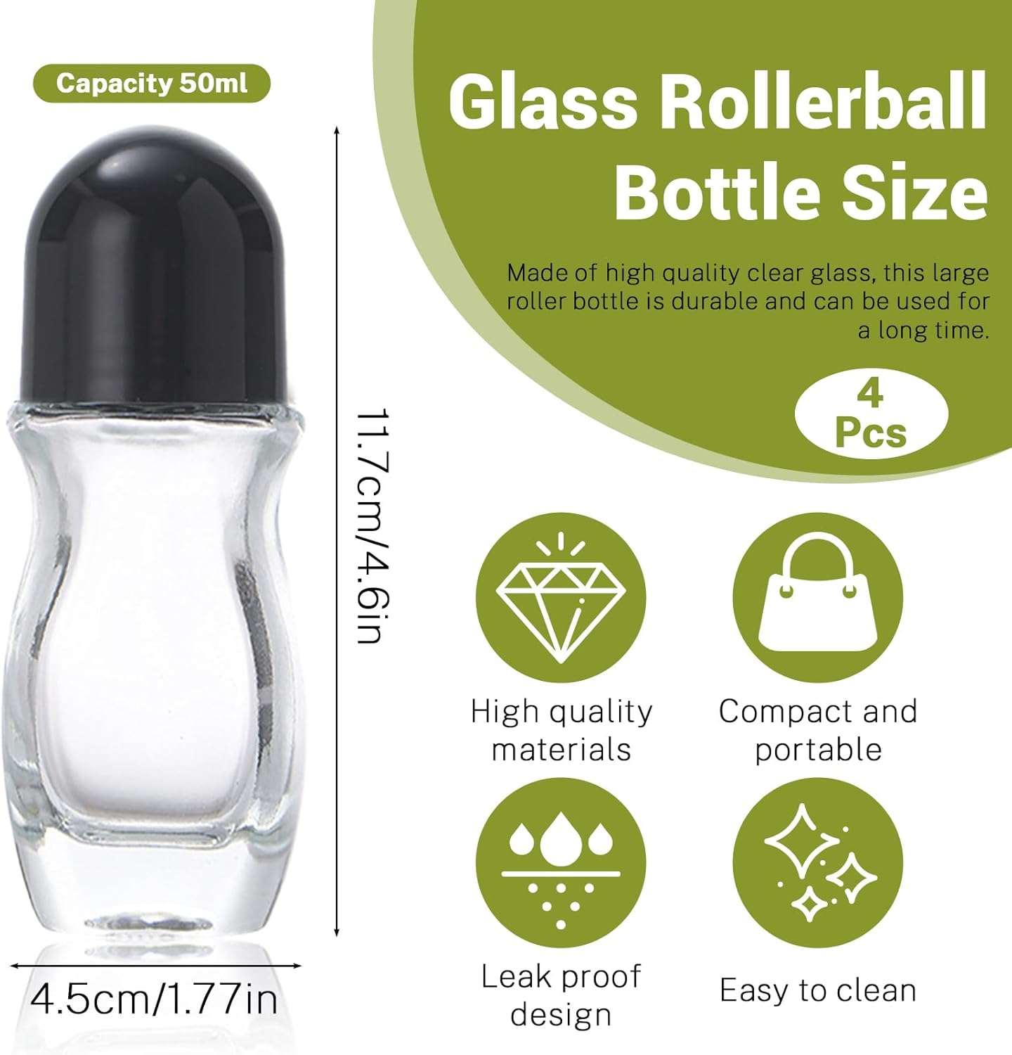 Huakaile 4 Pieces 50 ML Empty Glass Roller Bottles, Leak-Proof Refillable Roller Ball Applicator Containers with Black Lid, Roll on Bottles with Plastic Roll Ball for Massage Oils image number 2
