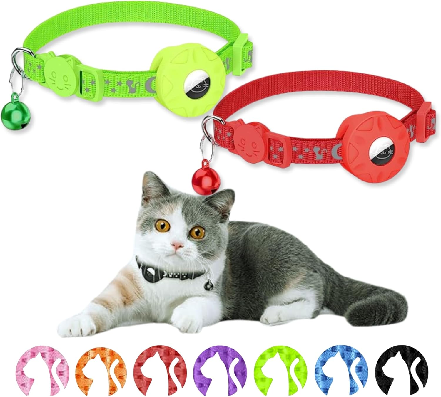 Airtag Cat Collar Adjustable Safety Buckle Bell Night Reflective with Apple Air Tag Holder Sturdy Durable Suitable for Cats Dogs (Black & Red) - Blue  Red image number 2