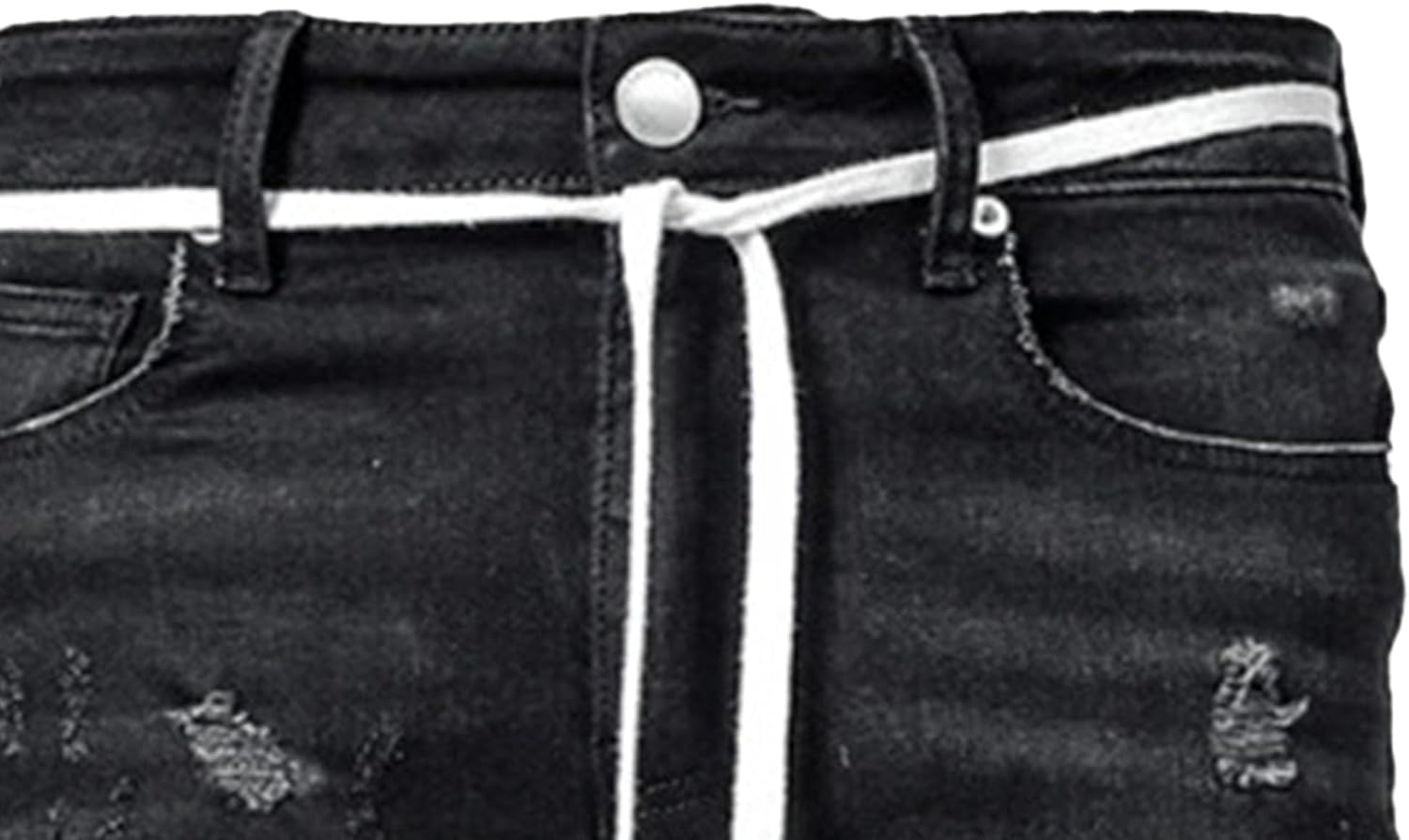 Zylphorix Men Drawstring Stretch Jeans with Holes Casual Elastic Ripped Skinny Denim Pant Y2K 90S Mid Waist Pencil Trouser, Black, Small