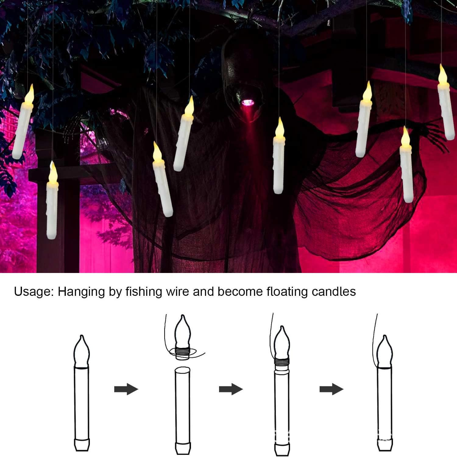 Flameless Candles Decorations with Hang Accessories, 12PCS Floating Flickering Warm White Lights, Battery Operated Candles with Remote Control, Chrismas Party Supplies Birthday Wedding Indoor Home