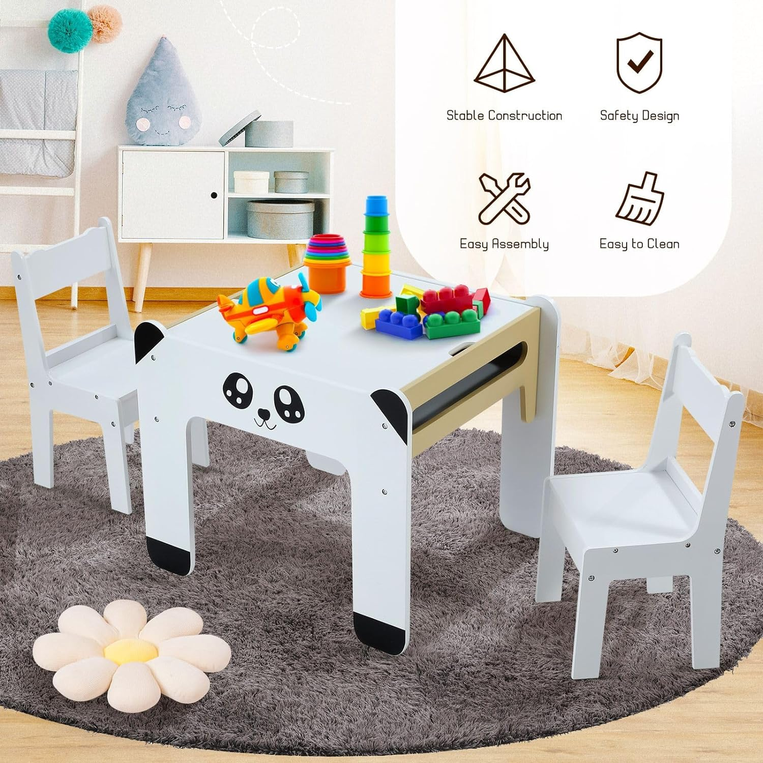 Kidbot Kids Table and 2 Chairs Set Wooden Toddler Desk with Storage Furniture Children Activity Centre for Study Drawing Reading Panda Cartoon Shape image number 4