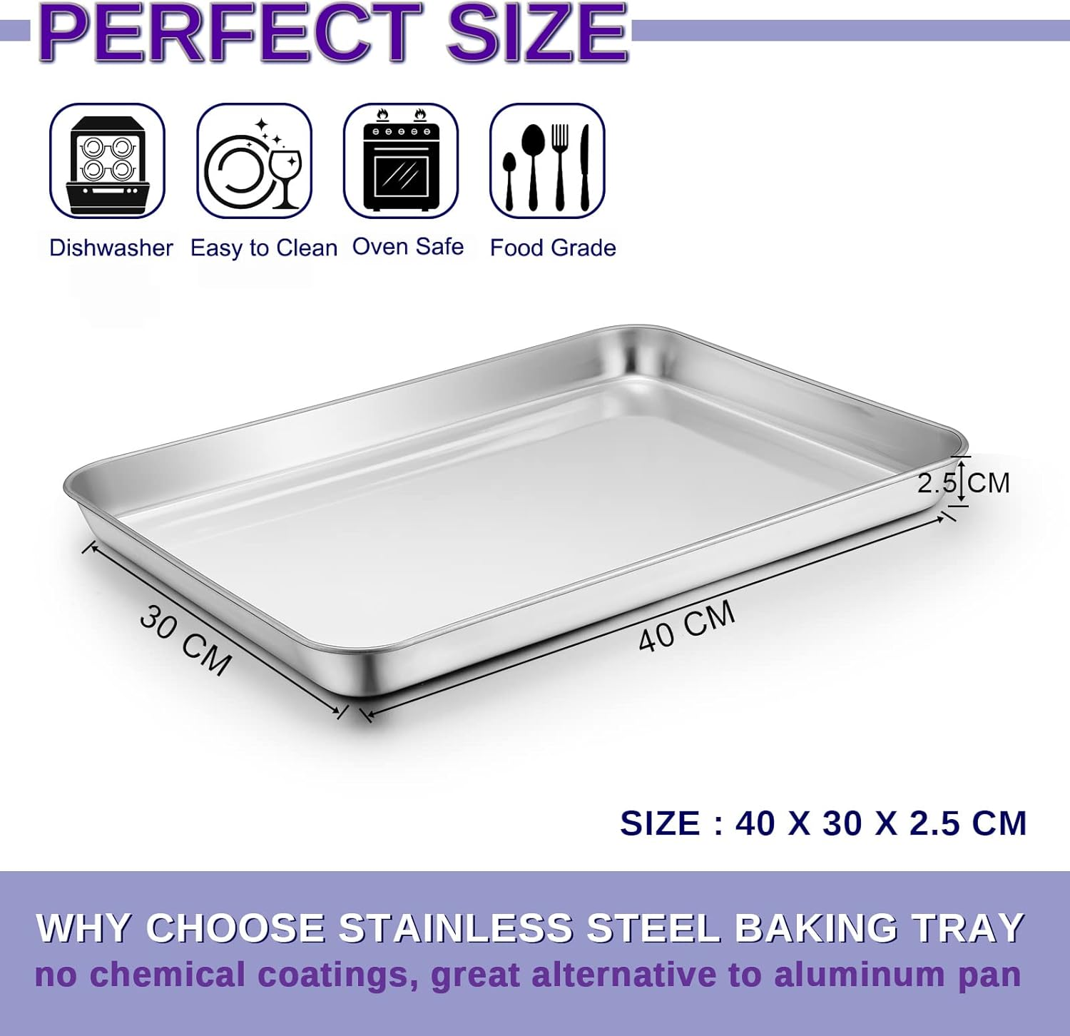 Herogo Baking Tray Set of 2, Stainless Steel Oven Tray 40 X 30 X 2.5Cm, Large Rimmed Baking Pan Cookie Sheet, Healthy & Non Toxic, Rust Free & Mirror Finish, Easy Clean & Dishwasher Safe image number 2