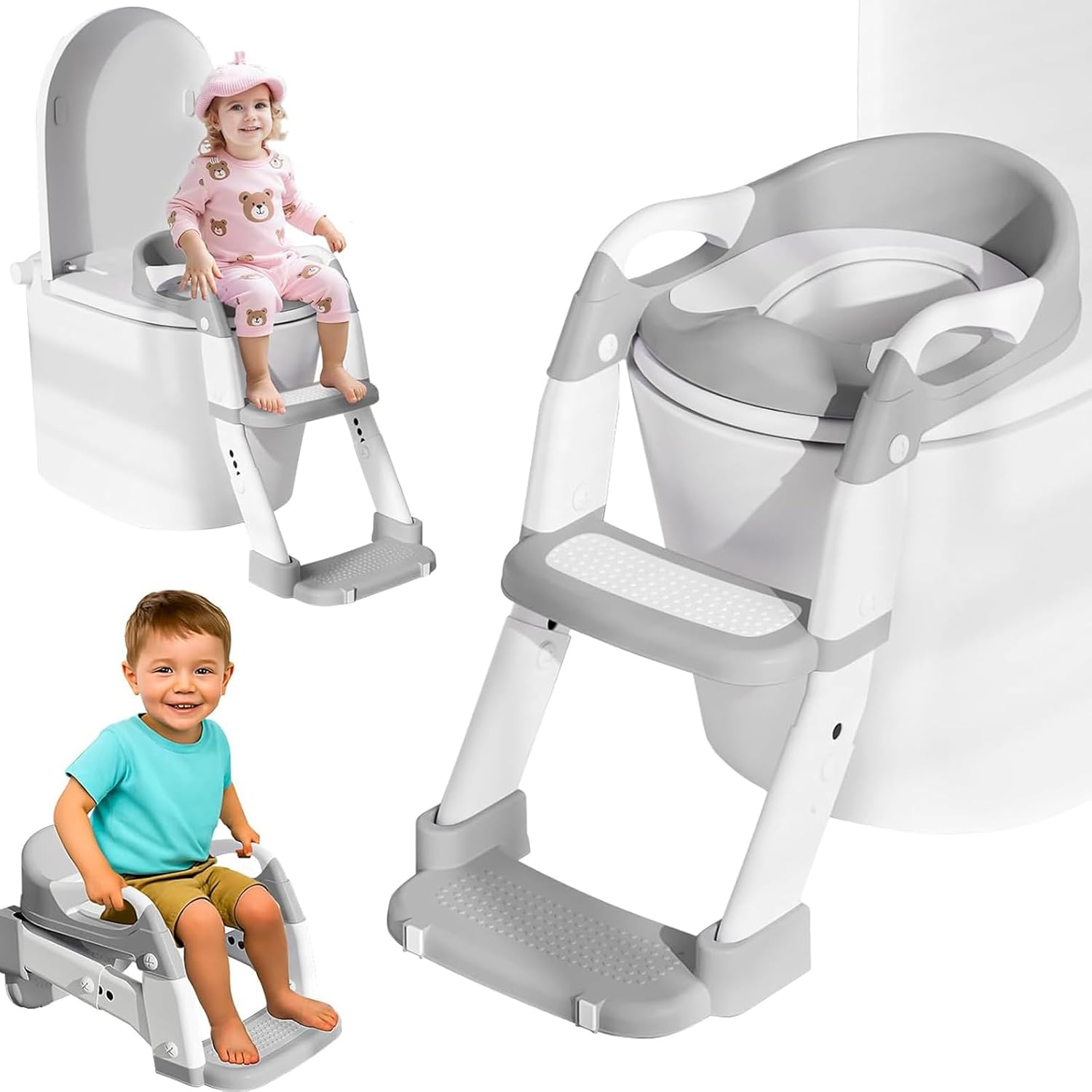 Multifunctional Toddler Potty Trainer with Adjustable Stool, 3-In-1 Potty Seat Cushion, and Step Ladder. Foldable Design with 5 Height Settings, Cushion Seat, and Non-Slip Base (Gray)