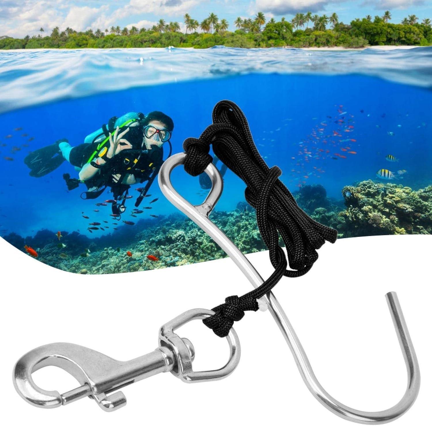 Single Reefs Hook, Scuba Reefs Hook Line Snare Drift Diving Hook Scuba Hanger Supplies Stainless Steel Clip Equipment with Quick Release Buckle and Dive Spring Coil - Black image number 4