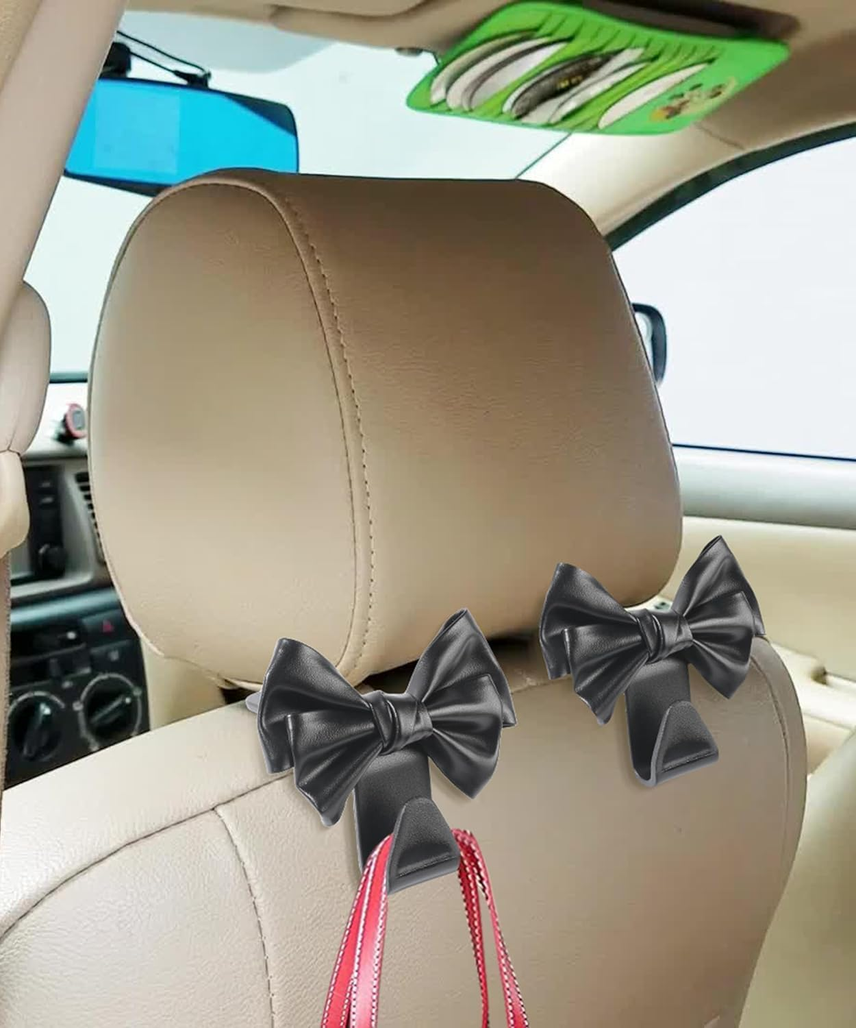 Car Seat Bow Hooks with Bowknot Design, 2Pcs Bowknot Bag Hanger for Vehicle Seats,Bow-Knot Vehicle Seat Bag Hanger,Cute Bow-Knot Purse and Bag Holder Hangers for Car Seat, Black image number 1