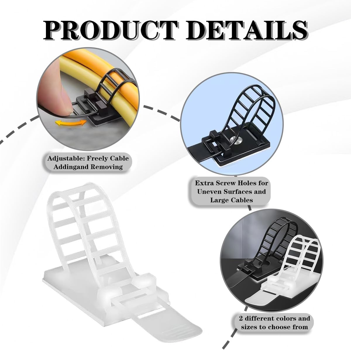 Reusable Adhesive Cable Management, 50 Set (2 Size) Cable Ties Adhesive Mounts, Multi-Purpose Cable Tidy Clips, Adjustable Cable Zip Ties, Cord Holders for Home and Office Desk Organization - White image number 2