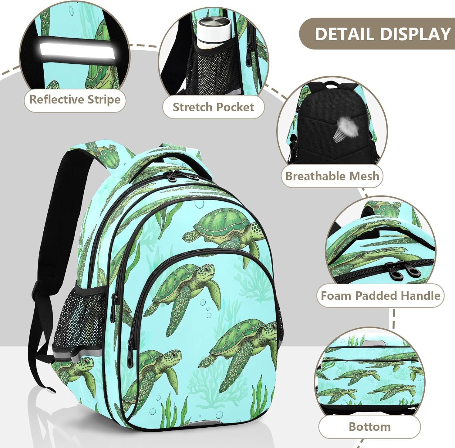 RPLIFE 15 Inch Kids Backpack for Girls Boys, Green Sea Turtles Ergonomic Backpack for Kids image number 2