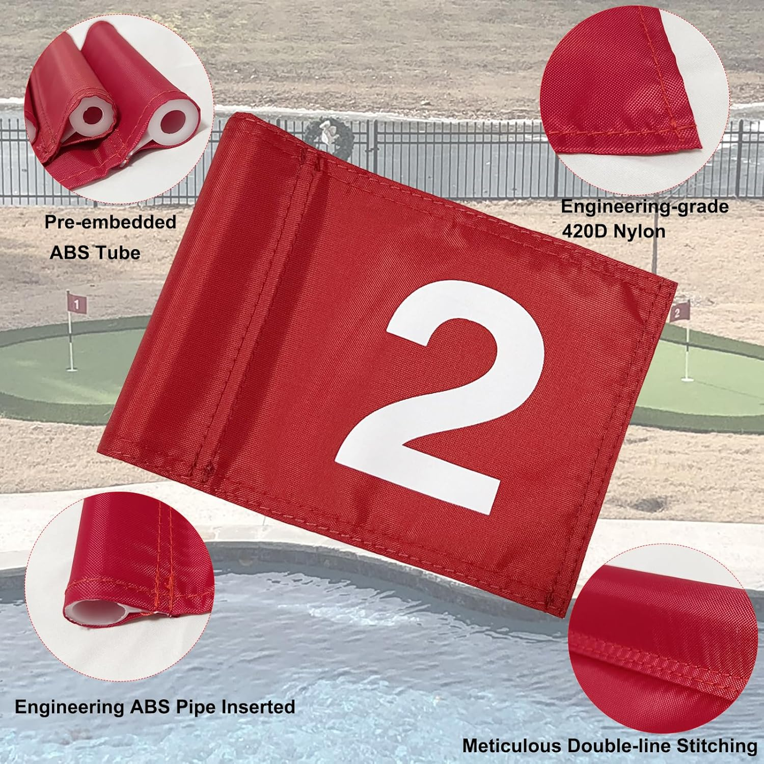 BTREEFLO 3PCS Numbered Golf Flag 8X6 Inch Upgraded Dual-Layer 420D Nylon Putting Green Golf Flags with Tube Inserted, Mini Practice Golf Target Flag for Yard Backyard Garden Outdoor Indoor image number 4