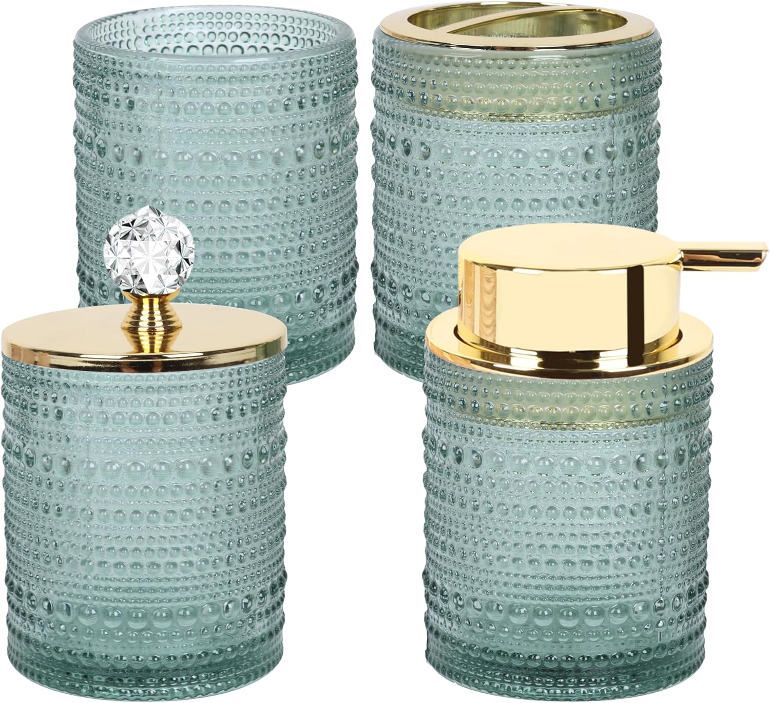 FEILANDUO Bathroom Accessories Set,4Pcs Glass Bathroom Accessories,Vanity Bathroom Decor, Soap Dispenser, Toothbrush Holder Set, Apothecary Jar, Gift for Home Apartment (Green), Pink/Green image number 5