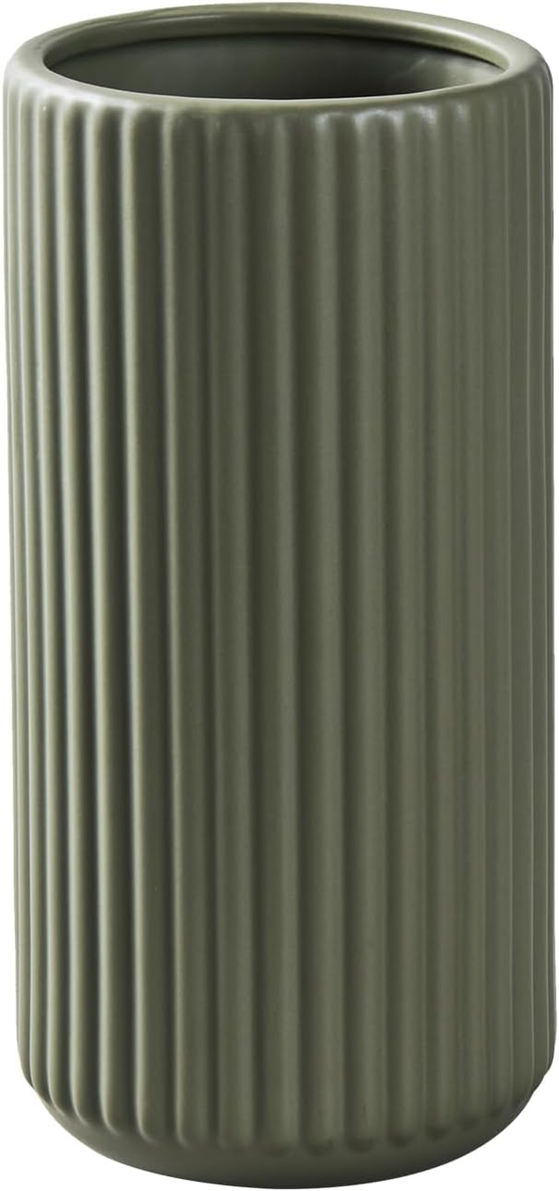 White Ceramic Flower Vase for Pampas Grass, 8 Inch Small Decorative Centerpiece Ribbed Vase for Dining Table, Office Desktop, Shelf Bookshelf, Mantel, Entryway, Bathroom, Countertop, Farmhouse, Gift