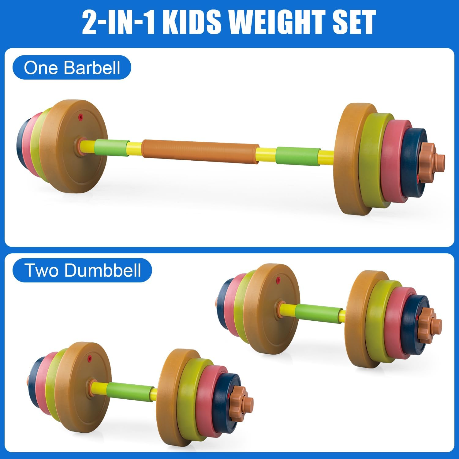 Hitish Kids Exercise Weight Set, 2-In-1 Barbell and Dumbbell Workout Equipment, Toddler Beginner Gym Toy for Pretend Play Lifting Exercise & Fitness, Adjustable Fill with Sand or Water image number 1