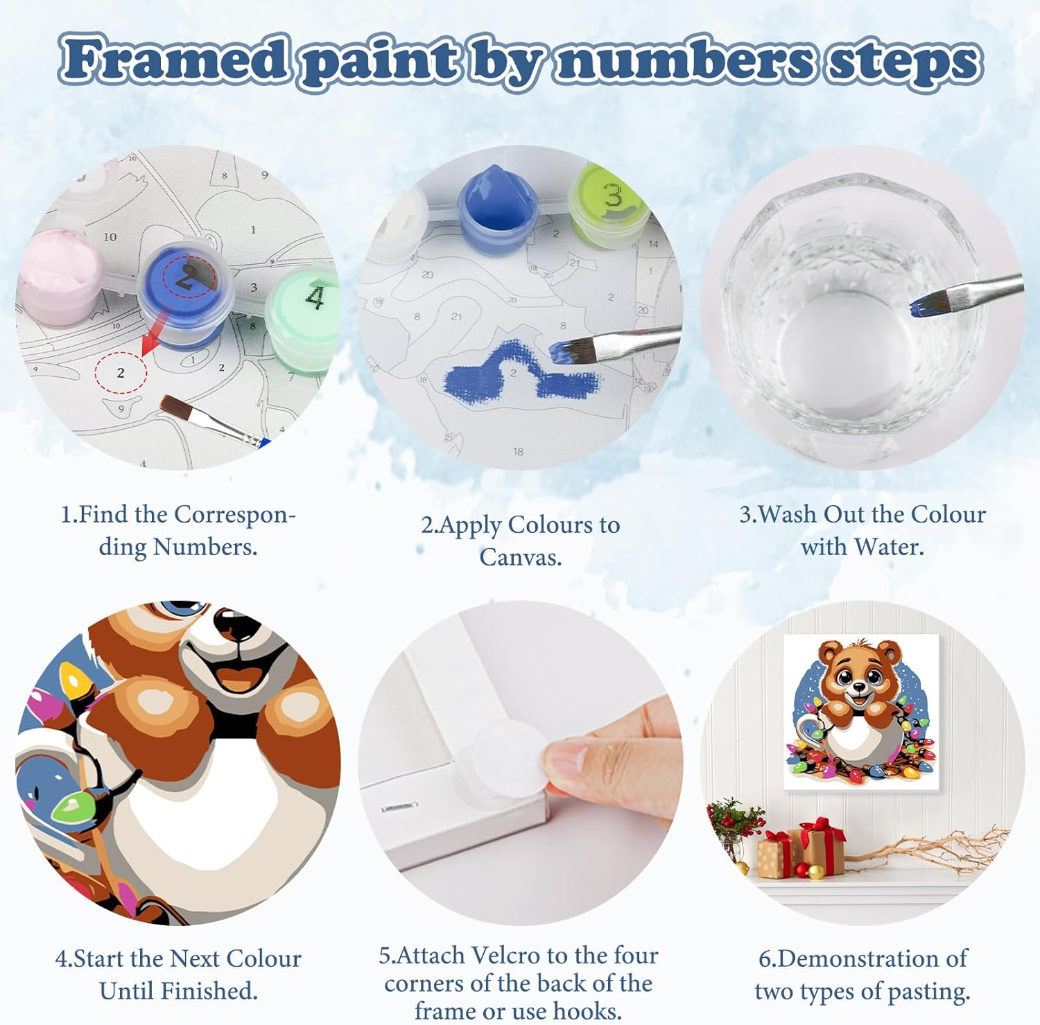 HEIBAGO Christmas Framed Paint by Numbers for Audlts, 4 Pack Animal Paint by Numbers Canvas, Audlt DIY Owl Oil Paint by Numbers Kits, Elk Painting Art Craft for Home Wall Decor 20X20Cm - Christmas Animal Dog Cat image number 2