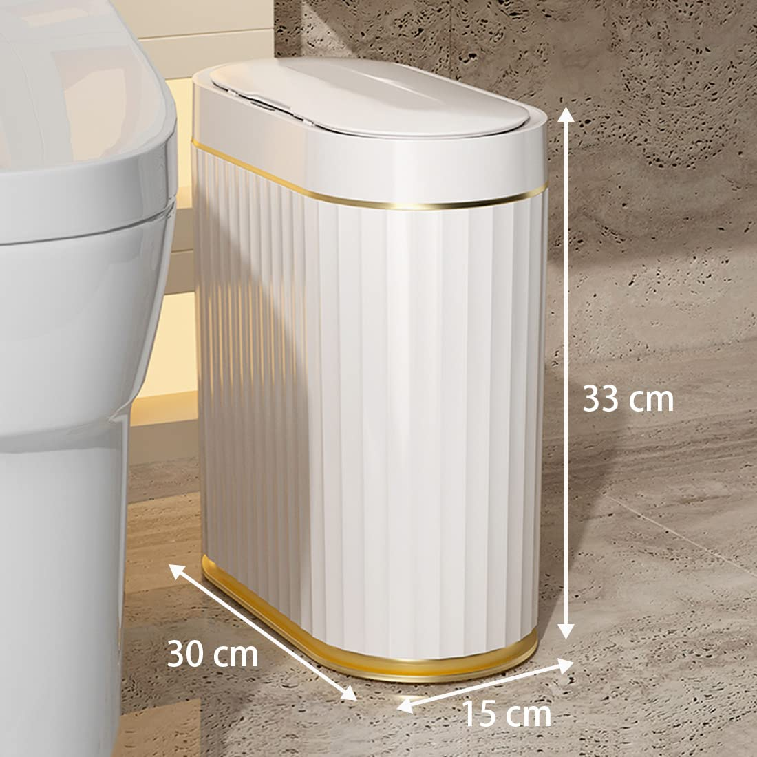 Smart Trash Bin with Lid for Bathroom, 9 Liter Slim Automatic Garbage Can, Waterproof Plastic Rubbish Bin Narrow Motion Sensor Wastebasket for Living Room, Kitchen, Office, Gold (No Battery) - Gold image number 5
