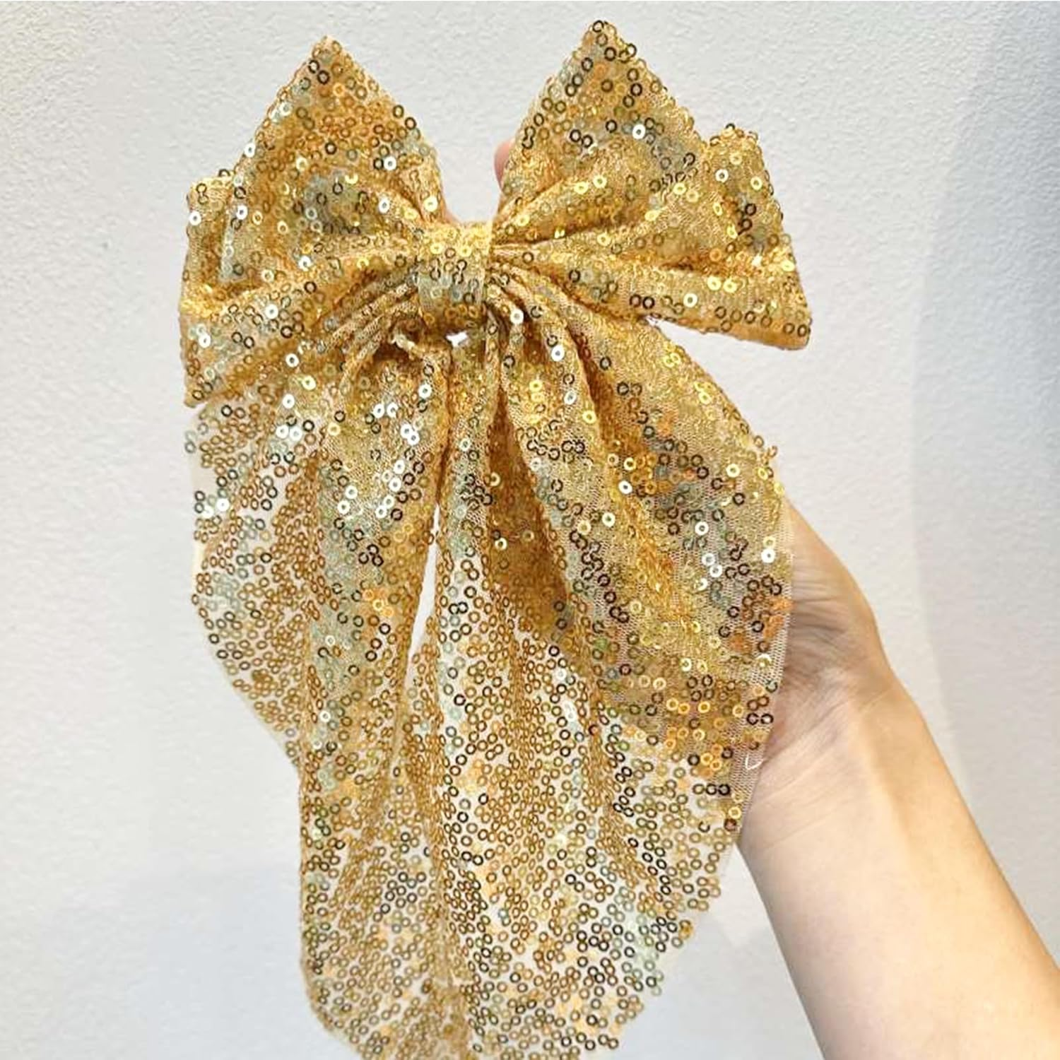Sparkly Sequin Hair Bows for Women Girls Gold Glitter Hair Bows with Long Tail Large Hair Barrettes Hair Clips Bling Hair Accessories for Christmas Holiday Birthday Party - Gold image number 2