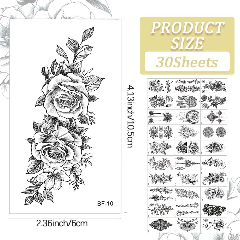 Craspire 30 Sheets Black Flowers Temporary Tattoos Women Men Removable Floral Rose Leaf Branch Sticker Paper Waterproof Realistic Long Lasting Make up for Body Clavicle Arm image number 5