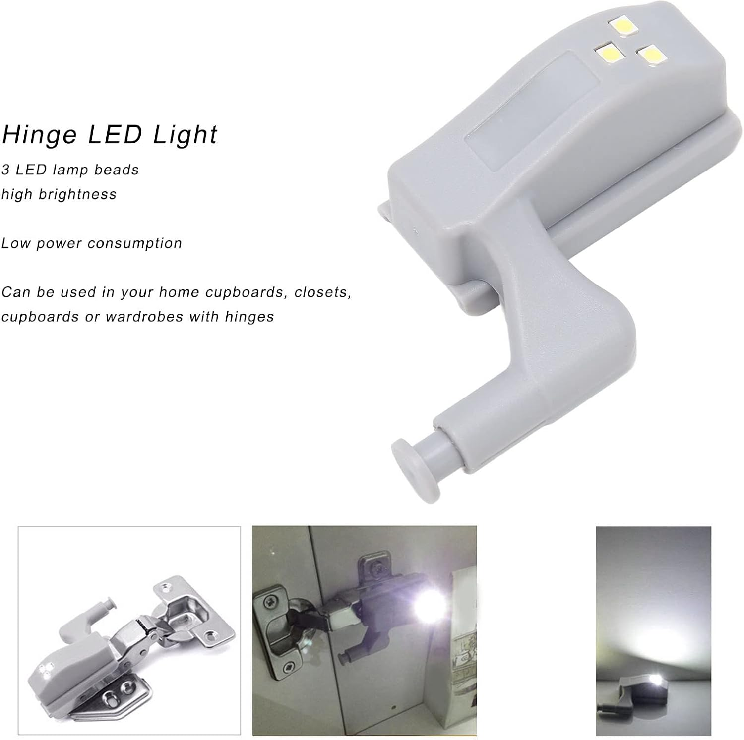 Hinge LED Light, Pack of 10 LED Hinge Lights ABS Cabinet Lights Cabinet Hinge Light with 3 LED Bulbs 12 V 23 a Battery Included for (White Light + Battery) image number 1