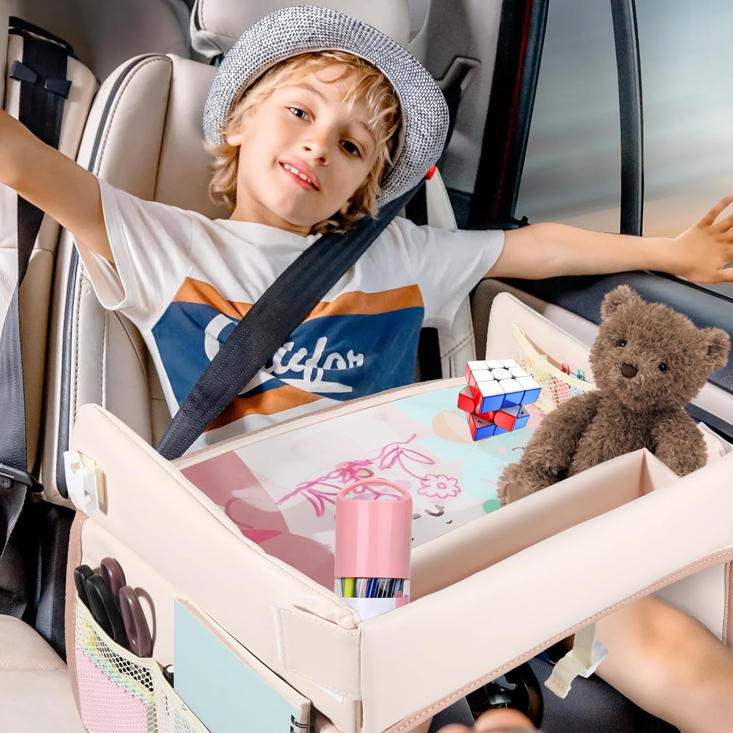 Kids Travel Tray Car Organizer, Waterproof Car Seat Table Tray for Kids, Toddler Car Seat Activity Table Tray,Portable Multifunction Car Lap Tray Backseat Tray for Airplane Drawing Watching TV image number 3