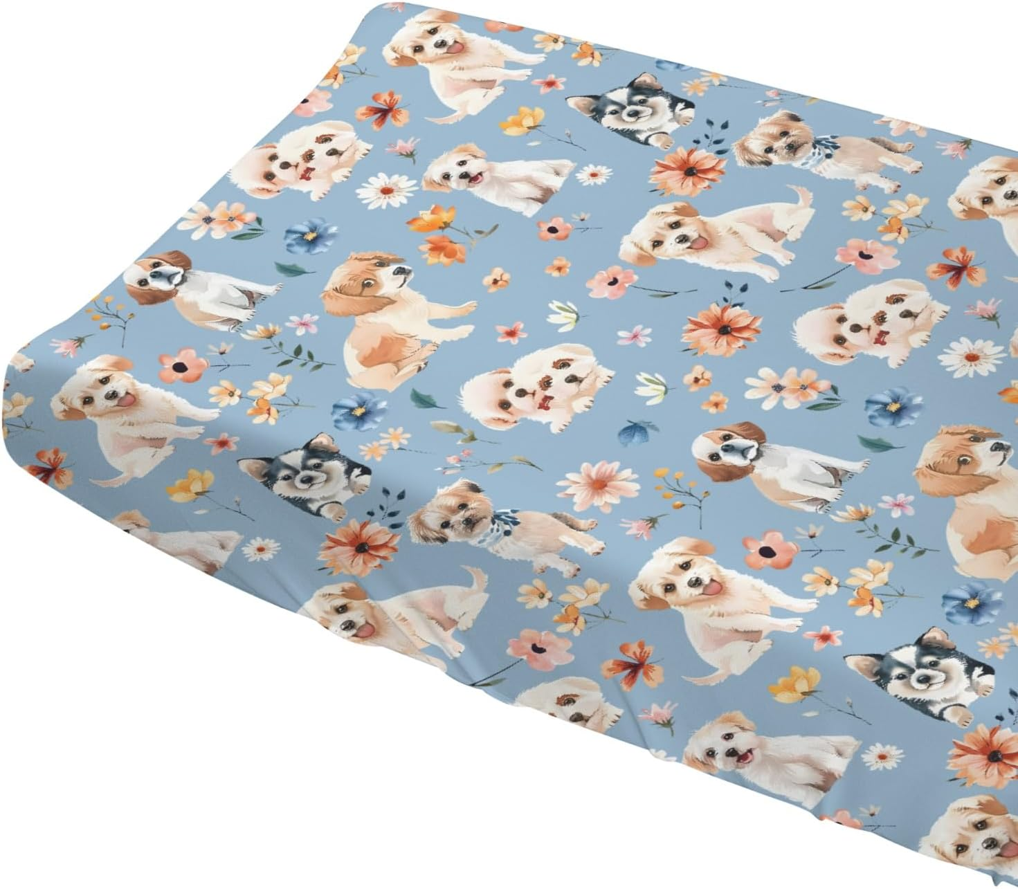 Dogs and Floral Baby Changing Pad Covers,Unisex Fitted Changing Pad Cover for Baby Boys Girls,Comfortable Breathable Changing Table Covers,Polyester Easy Care Diaper Change Table Sheets for Baby image number 5