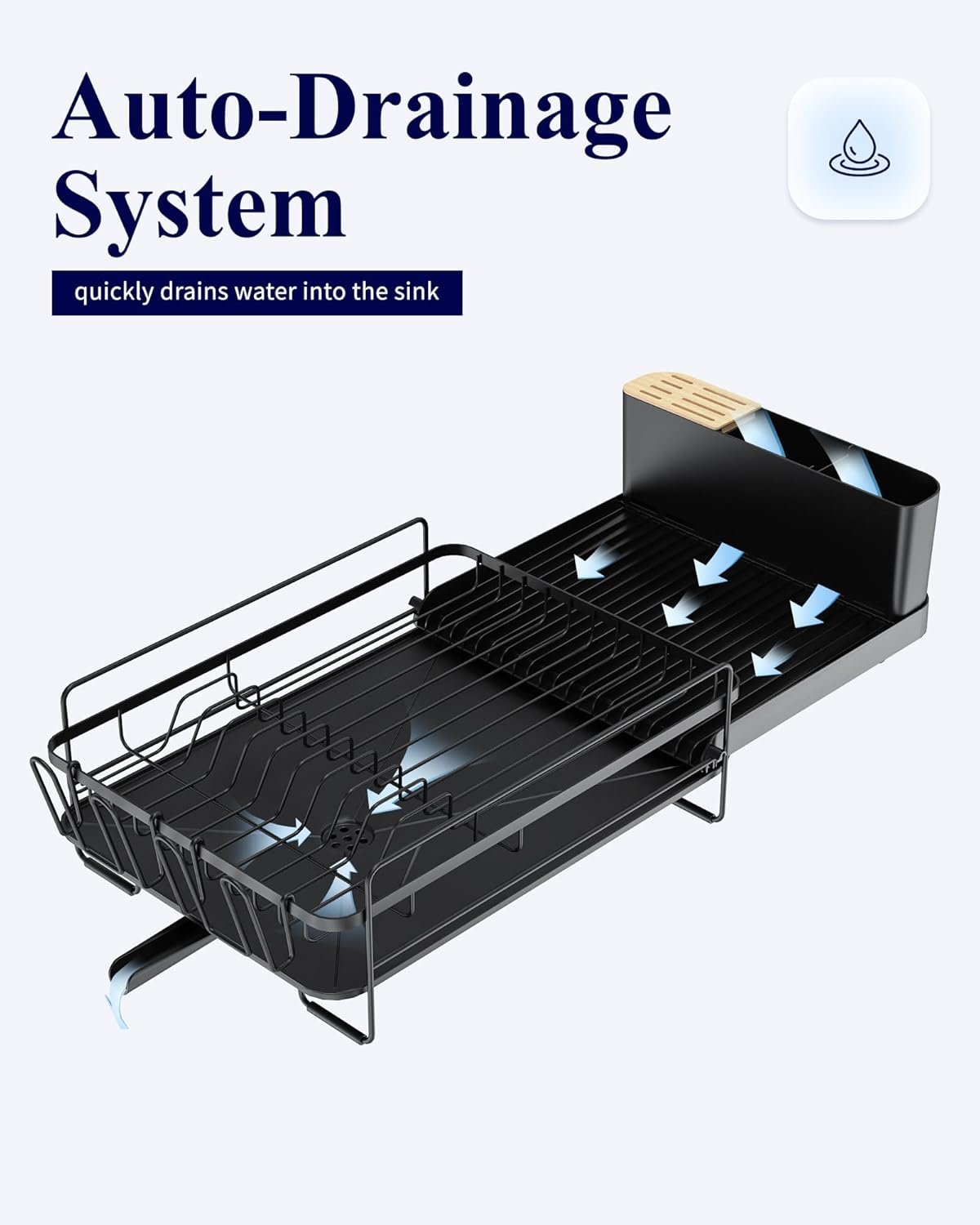 Kitsure Large Dish Drying Rack - Extendable Dish Drainer Rack with Cutlery & Cup Holders for Kitchen Counter, Kitchen Storage & Organisation, 67.8 X 32.7 X 14.9 Cm, Black image number 2
