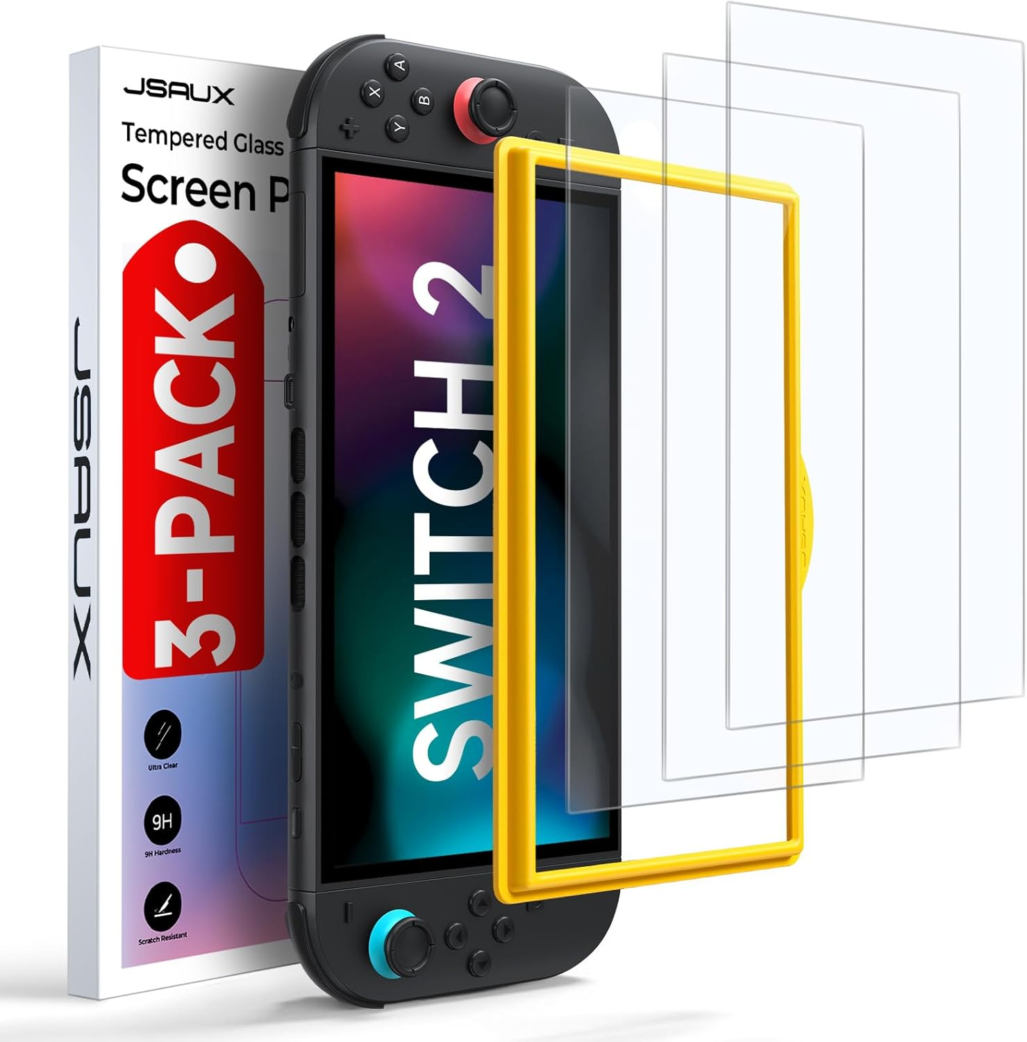 JSAUX Screen Protector for Nintendo Switch 2 (2025), [3-Pack] Ultra HD Glass Protector 9H Hardness Easy to Install with Guiding Frame Scratch Resistant Tempered Glass image number 6