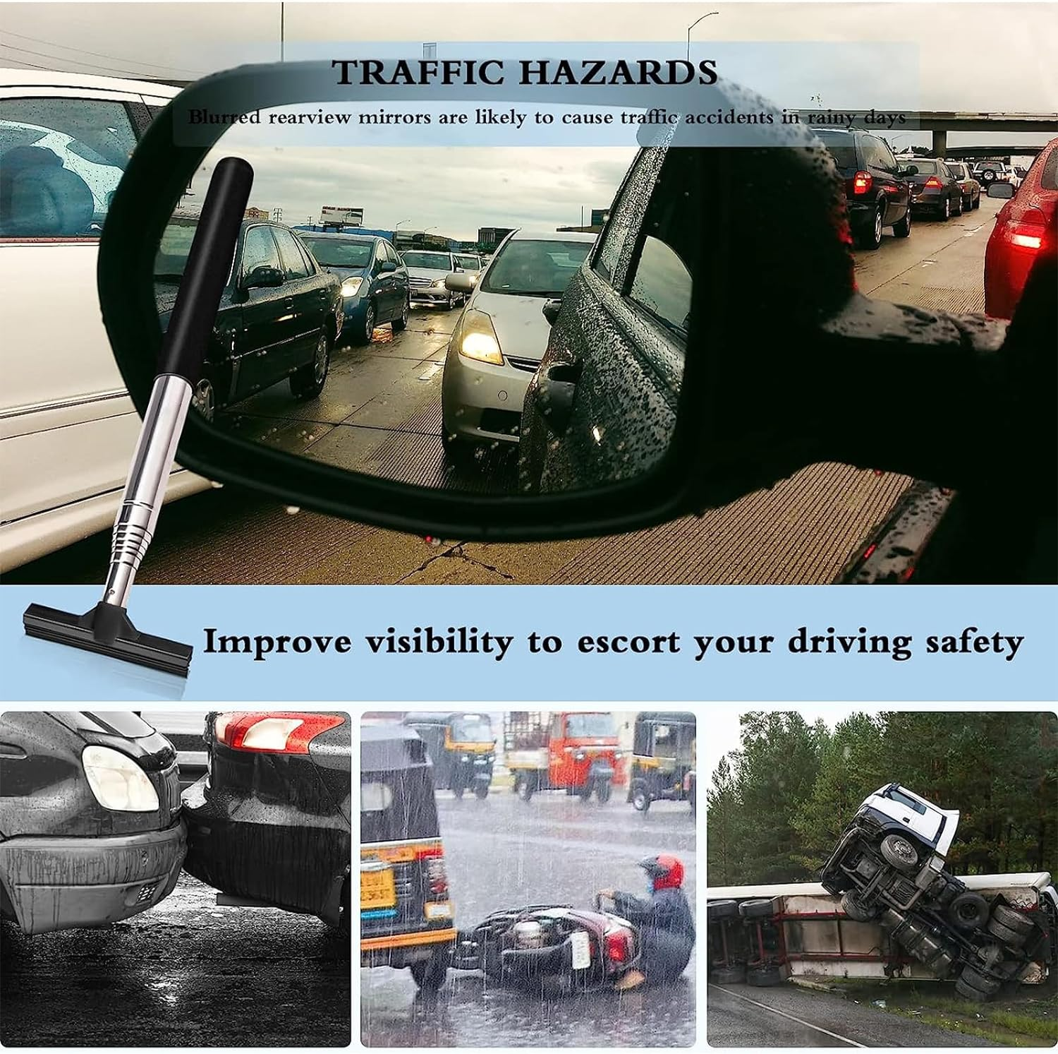 2 Pcs Car Mirror Wiper, 38.6In Handle Car Side Mirror Squeegee, Retractable Car Mirror Squeegee, Side Mirror Squeegee, Mini Squeegee for Rainy Foggy Weather image number 5