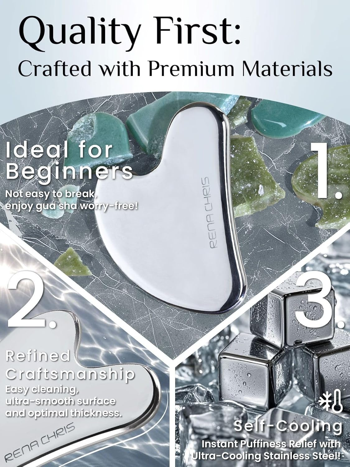 Rena Chris Gua Sha Facial Tools,Stainless Steel Guasha for Face Massager,Jawline Sculpting and Puffiness Reducing, Skin Care Gift(Silver) - Mint Green image number 3