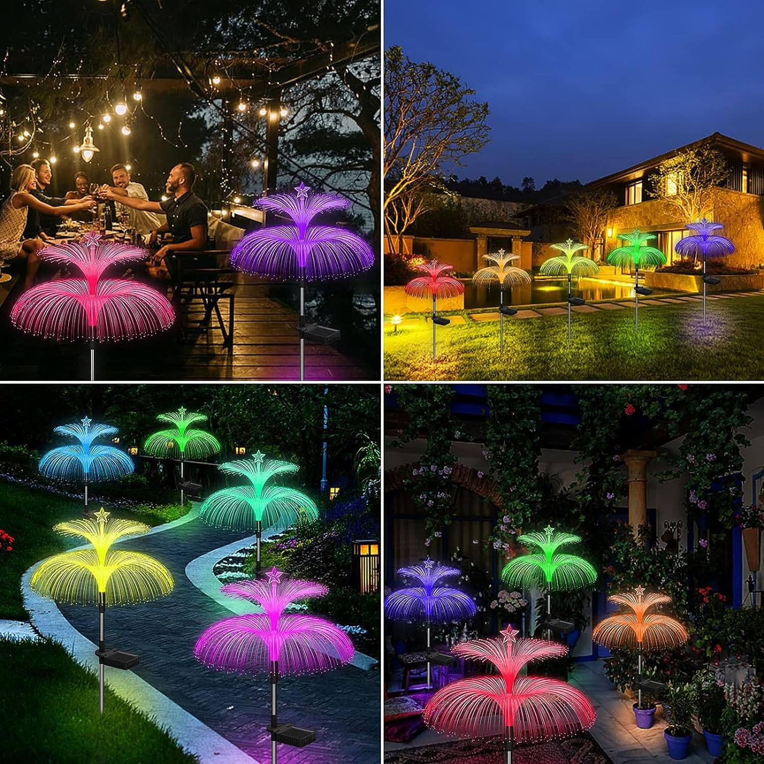 Solar Garden Lights 3 Pack Outdoor Lights 7 Color Changing Double Jellyfish and Star Solar Flower Lights for Yard Decor,Outdoor Pool Decor