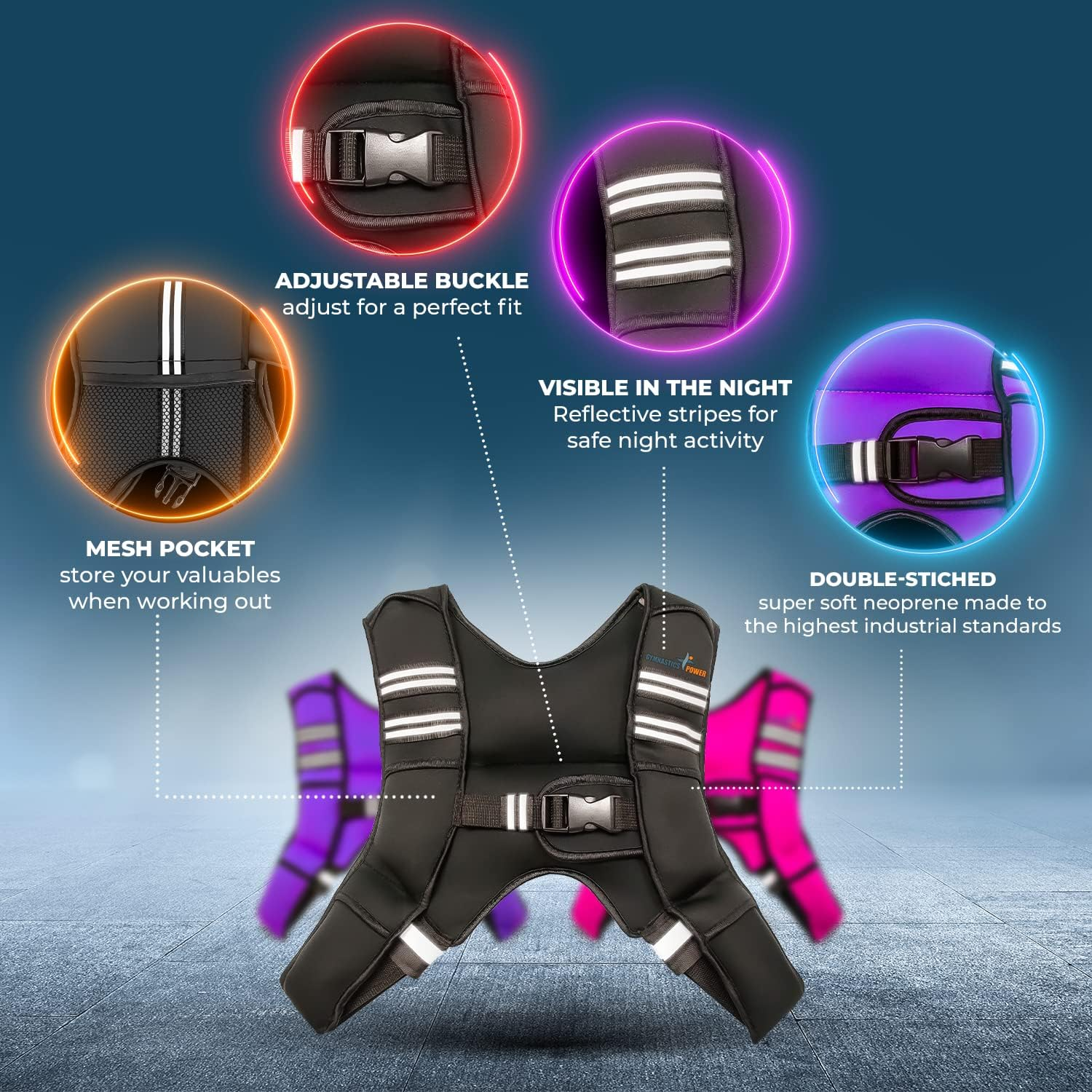 Gymnastics Power Weighted Vest 6 10 12 Lbs - Removable Weights - Machine Washable. Body Weight Vest with Reflective Stripe, Size-Adjustable Workout Equipment for Strength Training, Walking, Jogging, Running for Men Women image number 4