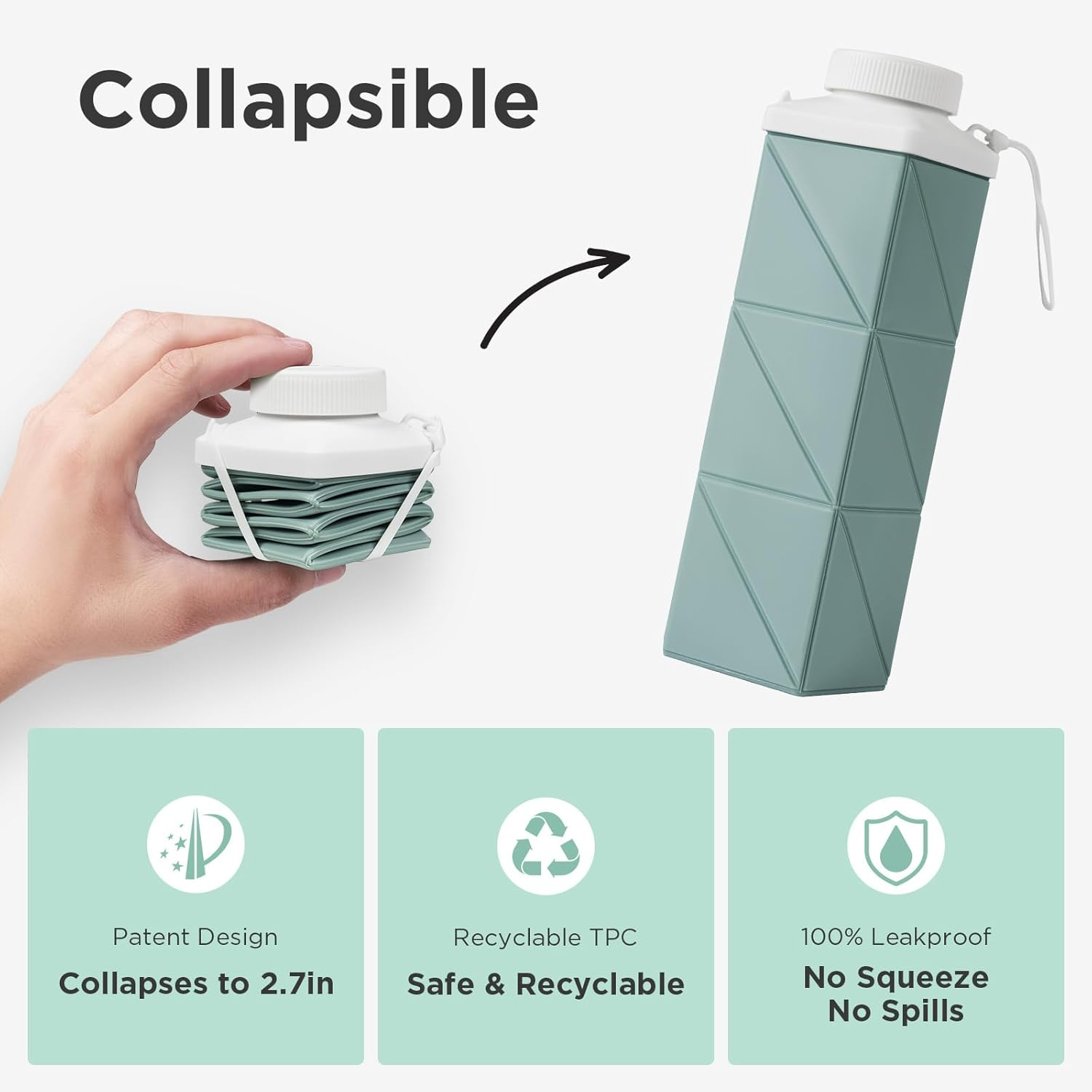 Mefold Collapsible Water Bottles, 2Nd Generation Leakproof Bpa-Free Silicone Travel Water Bottle 720Ml(24.3Oz),Lightweight Reusable Water Bottle for Travel Cycling Gym Camping Sports, Sage Green