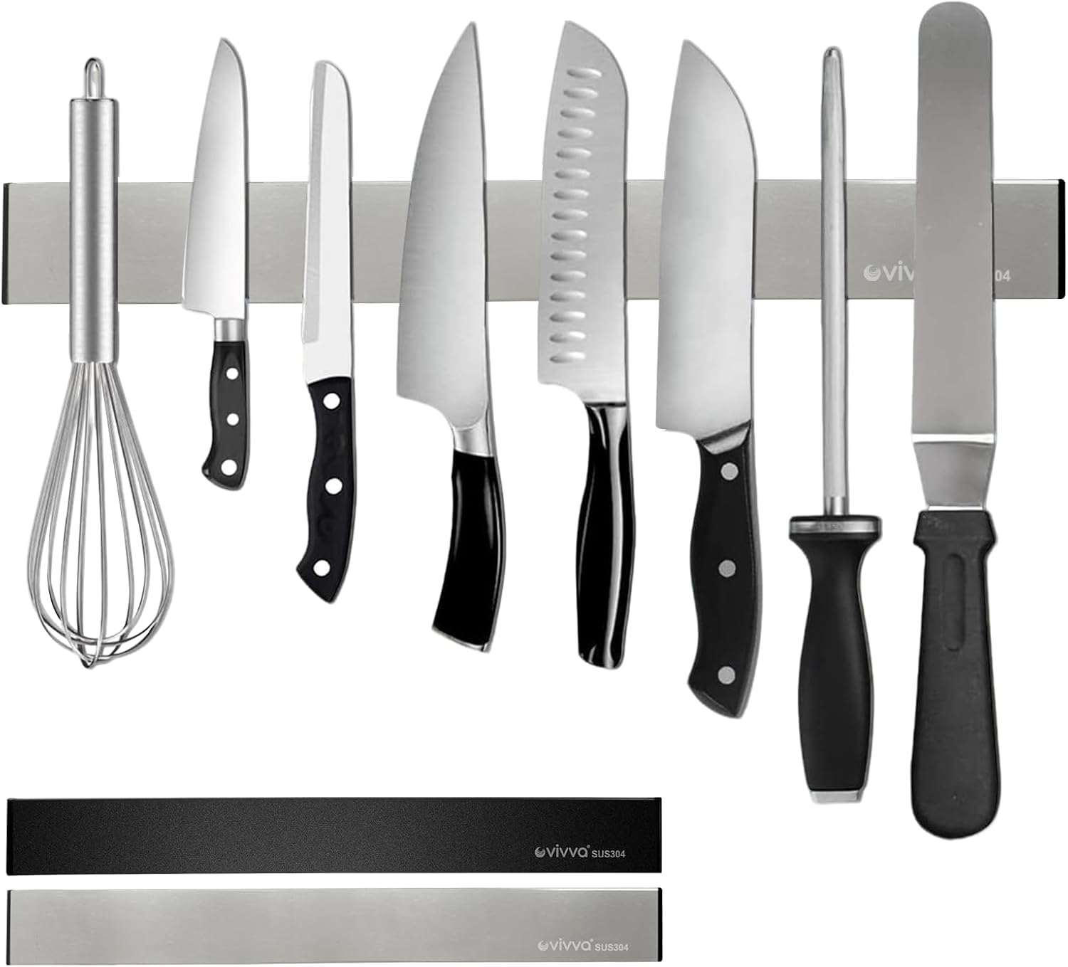 Vivva Modern Stainless Steel Magnetic Knife Bar with Multipurpose Use as Knife Holder, Knife Rack, Kitchen Utensil Holder, Tool Holder, Art Supply Organizer, Home Organizer Black 16Inch