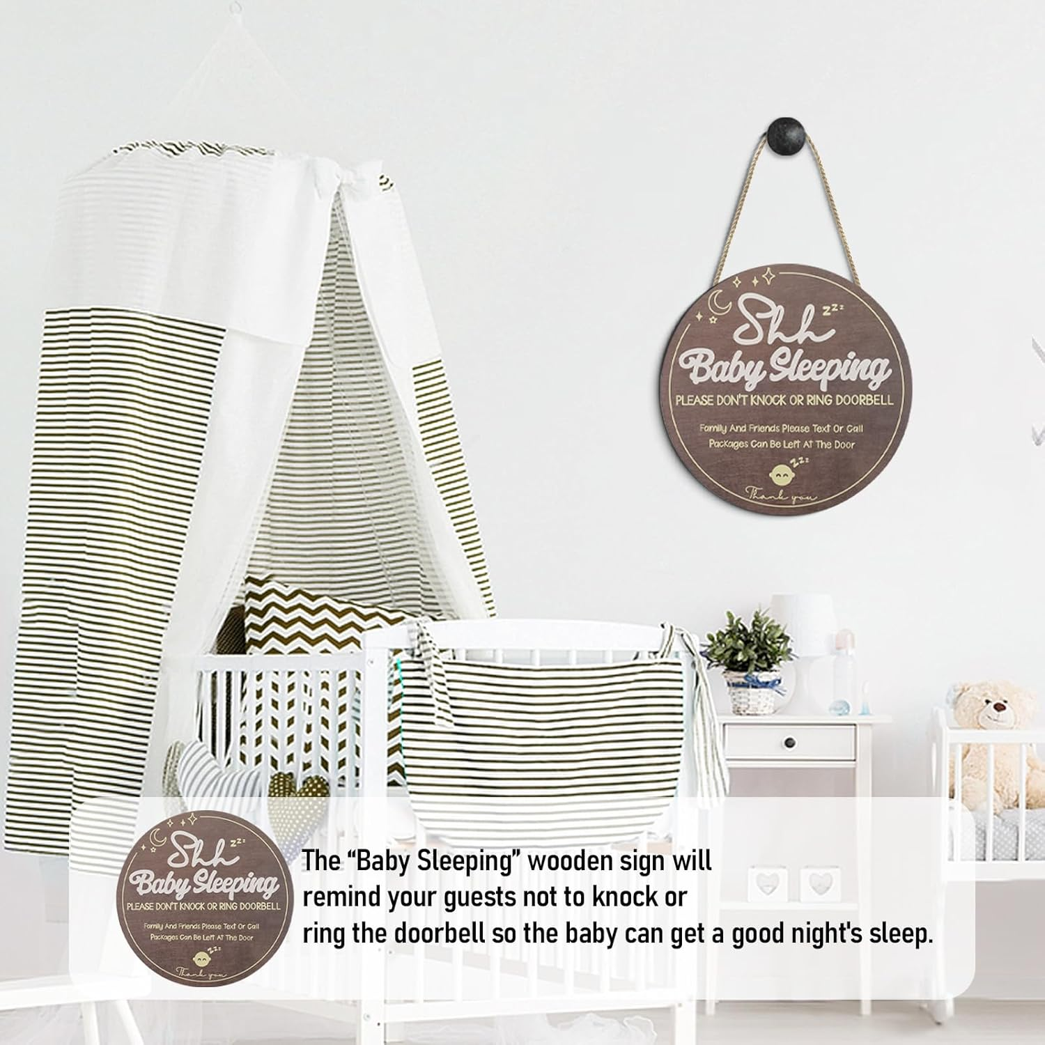 Wooden Shh Baby Sleeping Sign for Front Door, Hanging Do Not Knock or Ring Doorbell Sign with Rope, Rustic Front Porch Decorations Outdoor for Home Bedroom Nursery Wall (Brown)