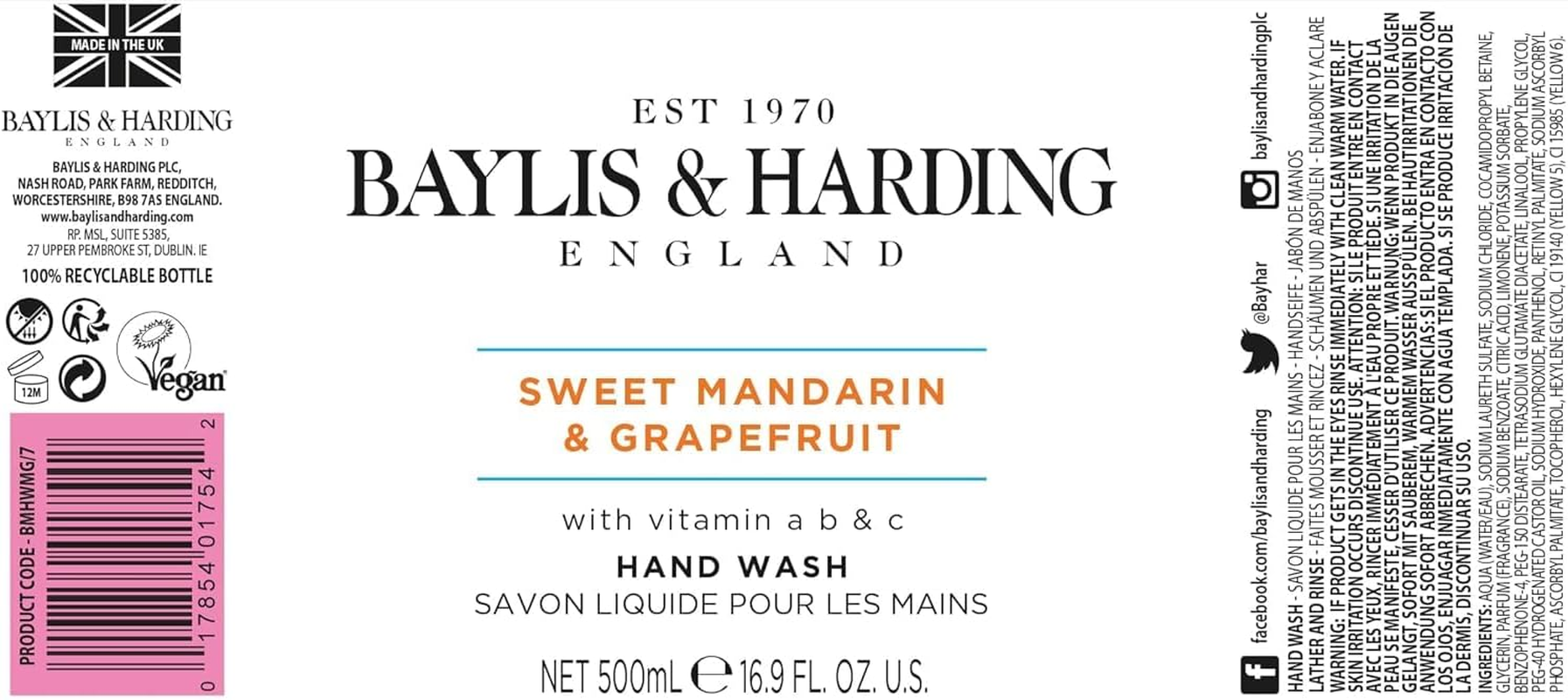 Baylis & Harding Sweet Mandarin & Grapefruit Hand Wash (Pack of 3), 0.57 Kilograms image number 5